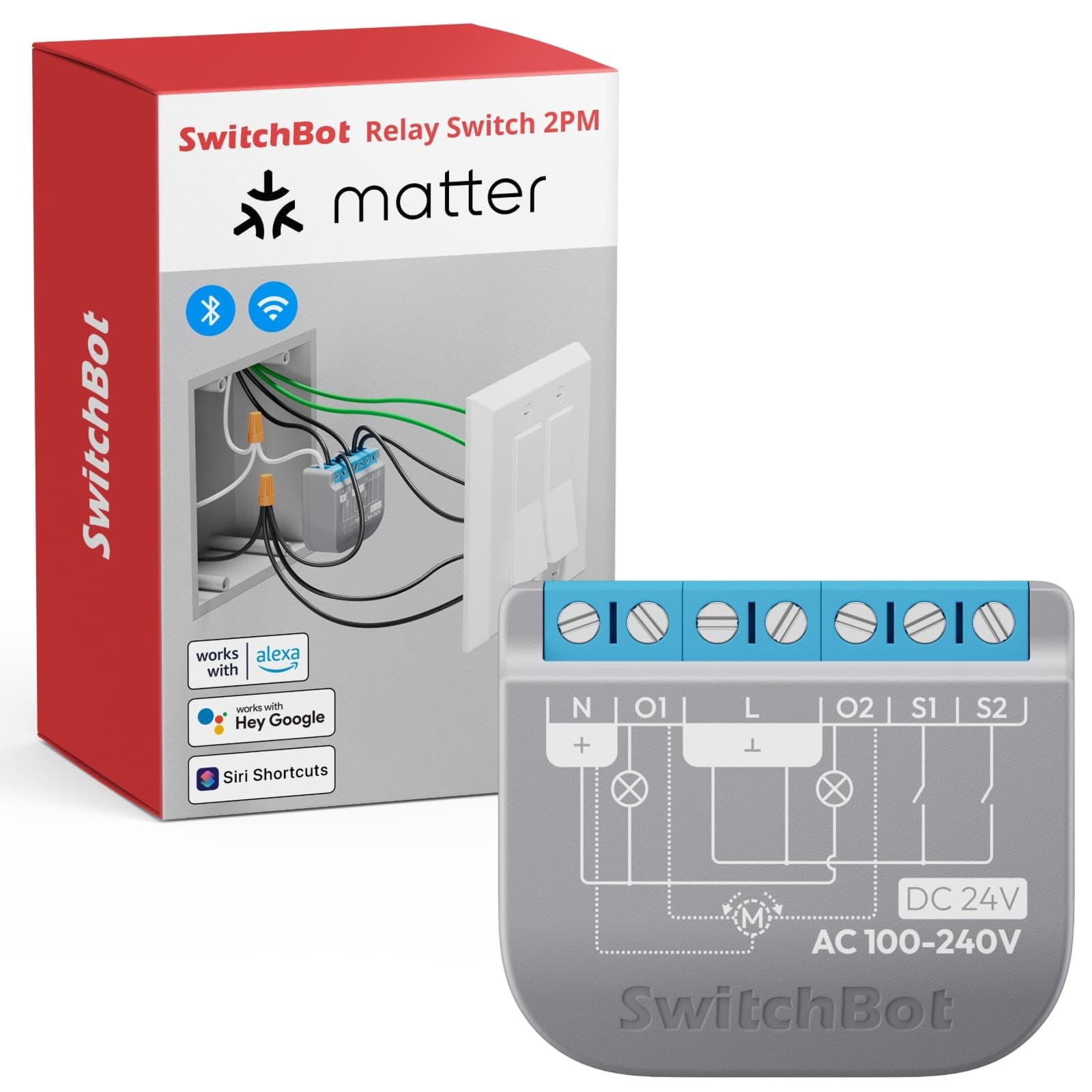 SwitchBot Smart Relay Switch 2PM, Power Metering, Dual Light Control, Built-in Bluetooth Repeater, Wi-Fi&Bluetooth Switch Compatible w/Alexa/Apple Home/Google Home/Matter Hub Required, 2.4GHz