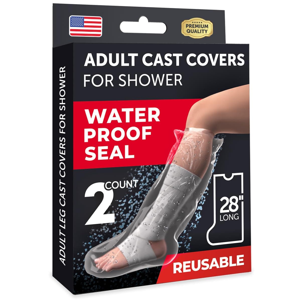 Mighty-X 100% Waterproof Leg Cover for Shower - 2pk - Tight Seal - Reusable Adult Half Leg Cast Protectors - Easy to Use for Plaster on Knee, Ankle, and Foot