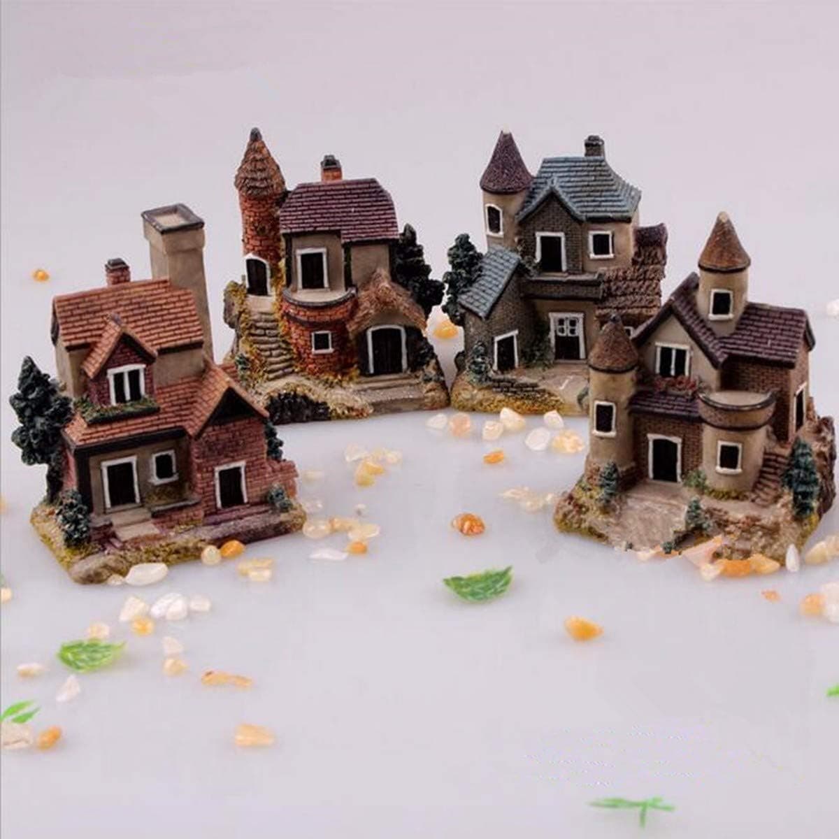 4PCS Miniature House Fairy Gardening Micro Landscape Village Stone House Bonsai Terrarium Crafts Ornaments Accessories Home Decoration Resin