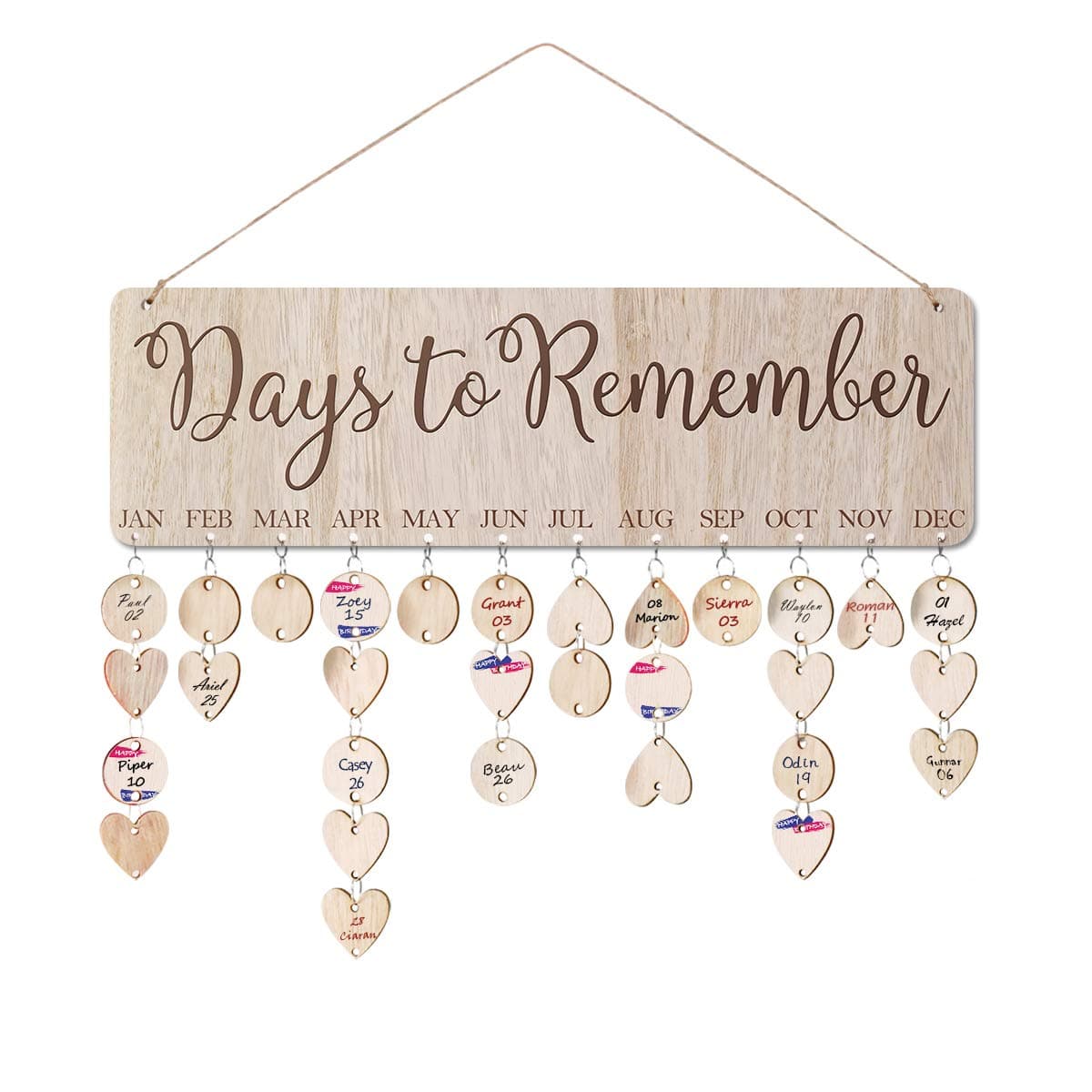 Harbor Creek Family Wooden Birthday Calendar Wall Hanging with 100 DIY Tags, Home Decor Wood Plaque Reminder Board (Natural Wood)