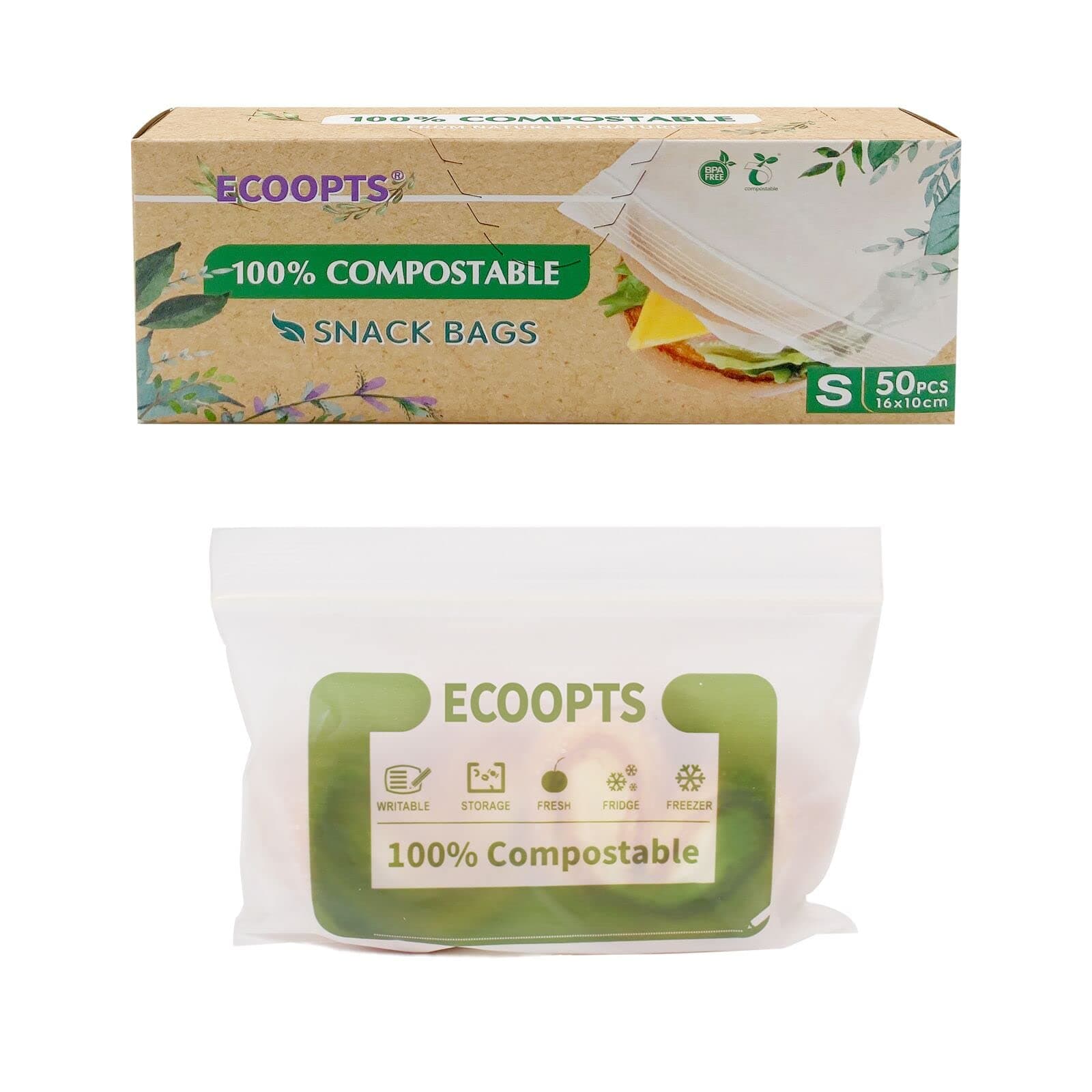 ECOOPTS 100% Compostable Snack Zip Bag | ECO-Friendly Small Storage Bags | Freezer Bag | Plant-Based BPA-free | Seal well for Cookie, Chips and Snack (50Bags)