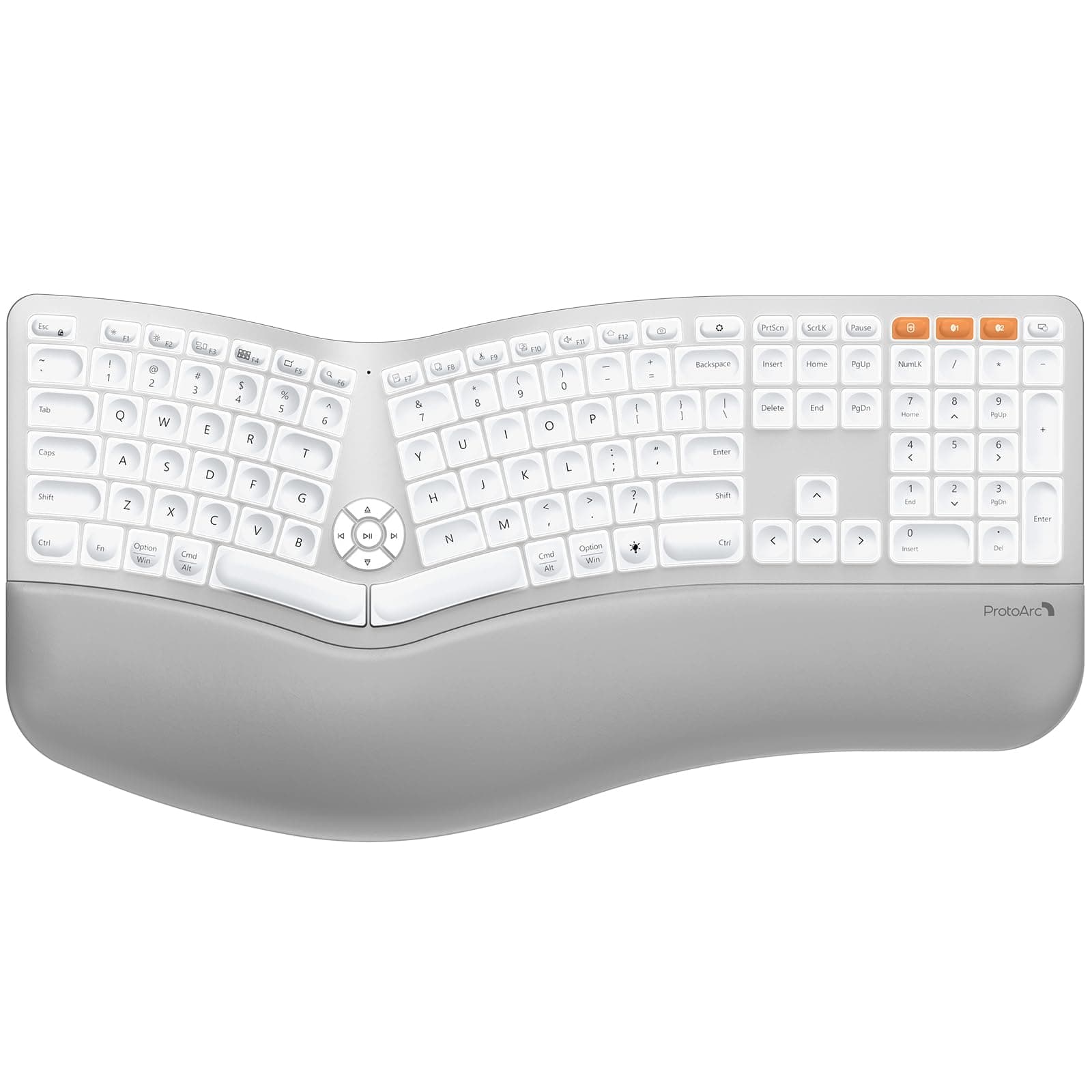 ProtoArc Backlit Bluetooth Ergonomic Keyboard, EK01 Plus Full Size Wireless Split Keyboard with Dual Bluetooth and USB, Cushioned Wrist Rest, Rechargeable, for Windows/Mac/Android, White and Silver