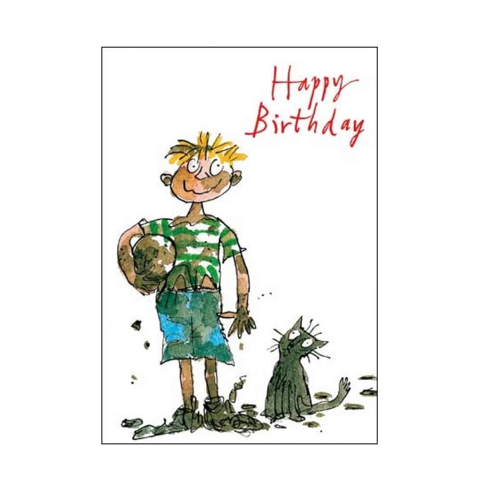 Woodmansterne Greeting card - Boy's birthday - Muddy boy with football by Quentin Blake