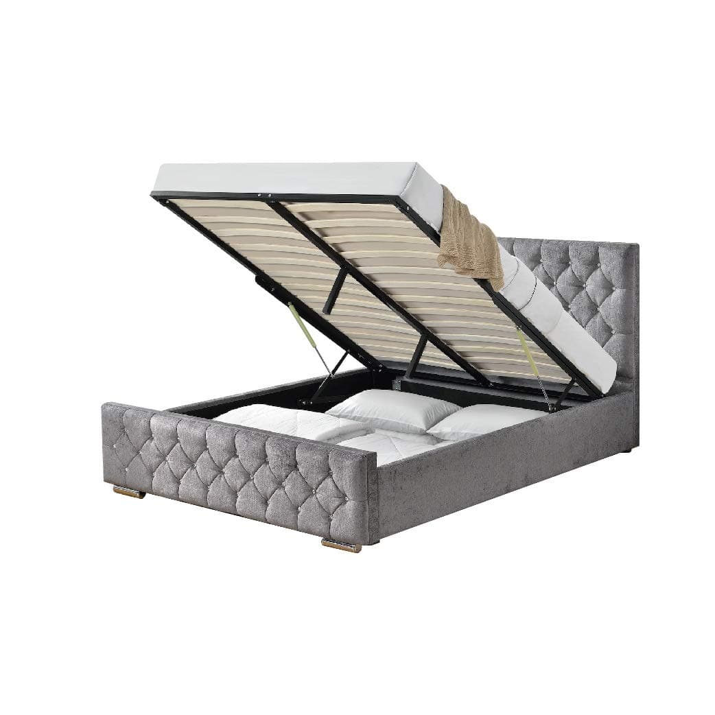 Athens Silver Chenille Fabric Ottoman Storage Bed Chesterfield Design With Diamante Double & King size (Double 4FT 6)