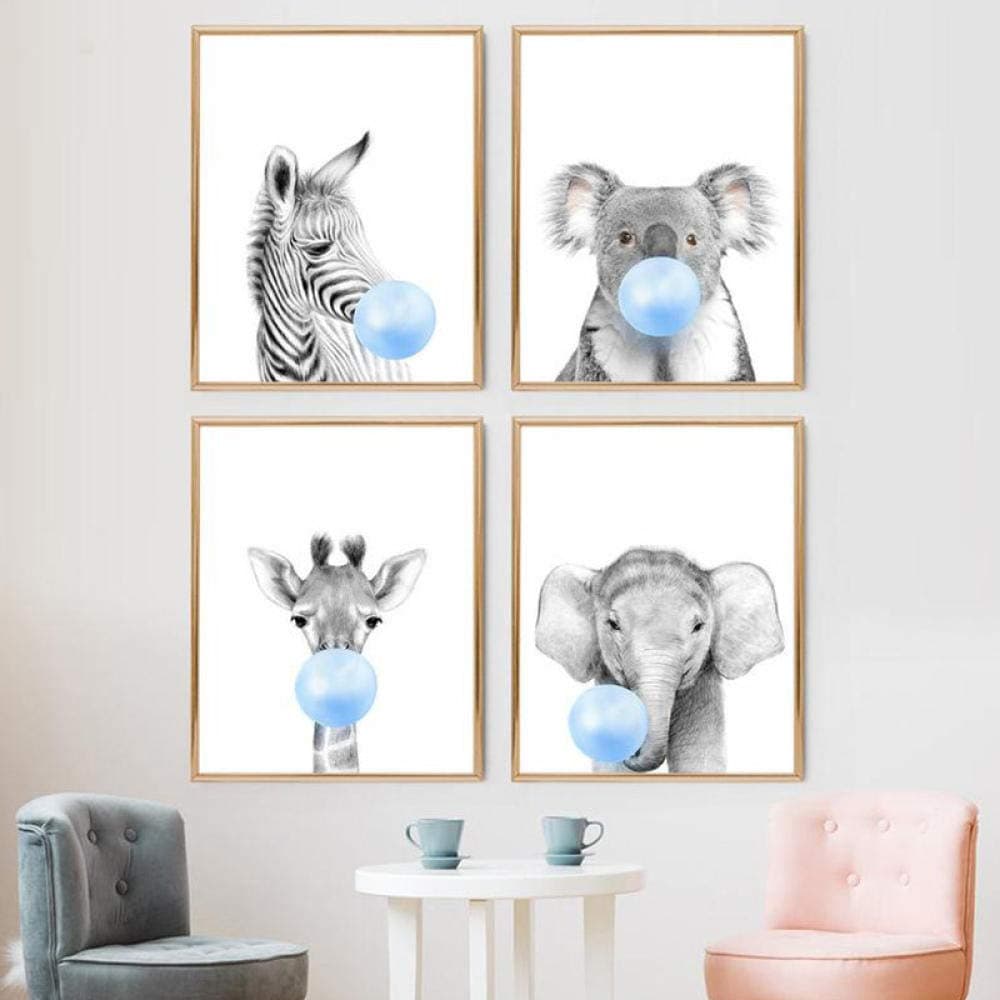 Swallow Nursery Animal Print Blue Bubble Gum Poster Zebra Koala Giraffe Elephant Canvas Painting Wall Art Baby Kids Room Decor-30x40cmx4 pcs no frame