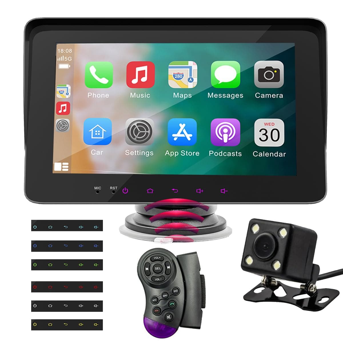 Wireless Carplay Andoid Auto Colorful Breath Atmosphere Light, Wireless Mirrored 7 "IPS Touch Screen with Reverse Rearview Camera, Bluetooth Phone with Microphone GPS Navigation