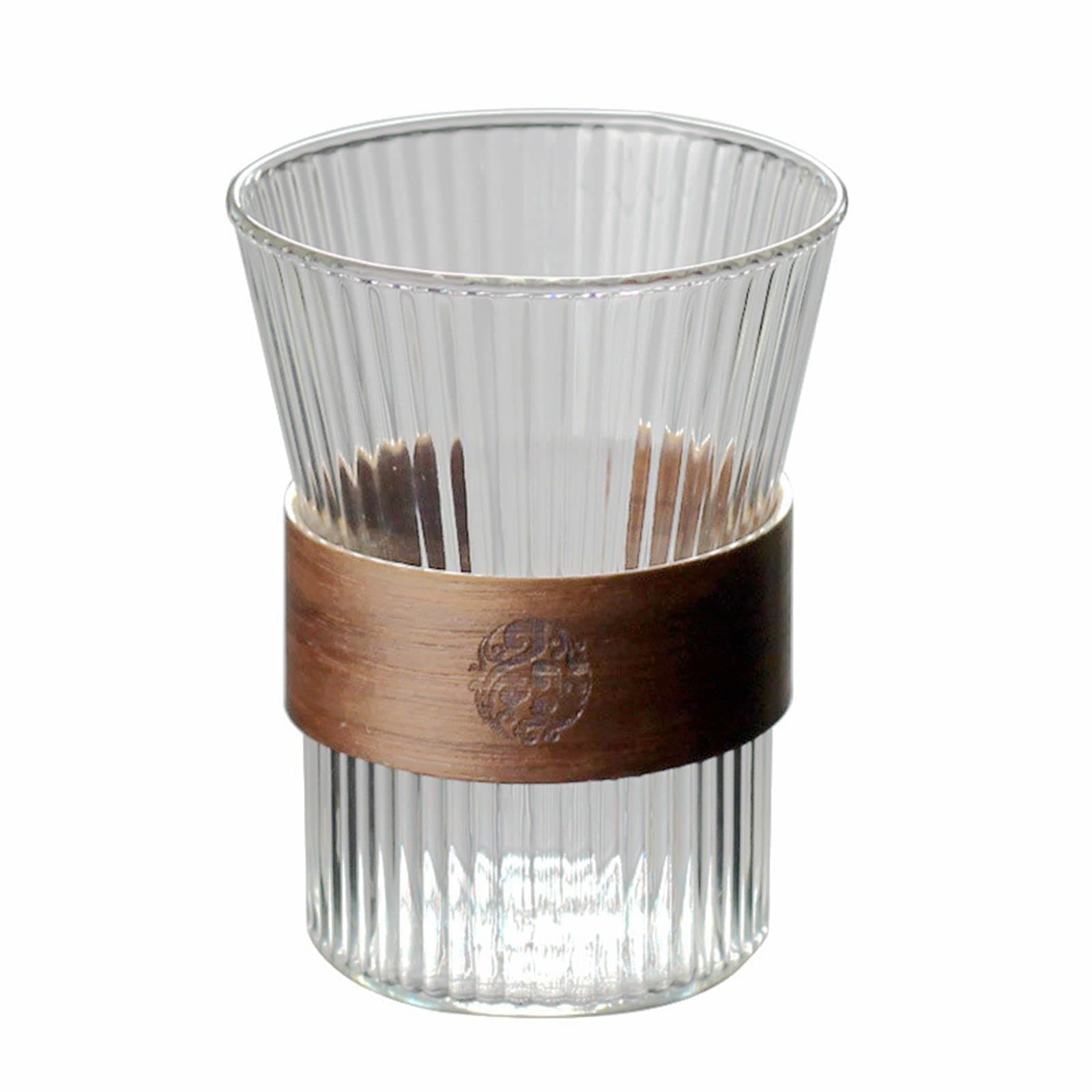 Glass Coffee Cup Tea cup with Heat Insulation Wood Chips for Milk Cup Mousse Mug Vertical Stripes 310mL (A-310)