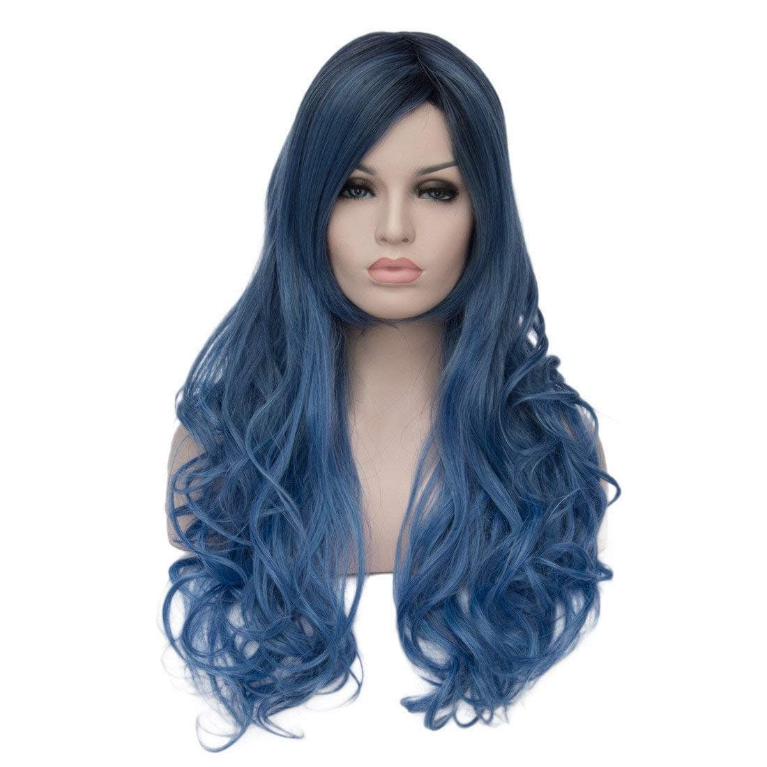 OYIXU 65cm 25.5" Layered Blue Ombre Women Performance Wavy Curly Long Hair Wig