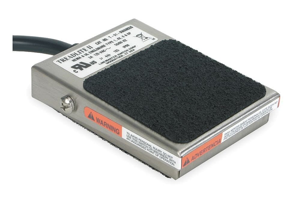 Linemaster T-91-SWANO3S Treadlite II Stainless Steel Foot Switch, Electrical, Single Pedal, Momentary, SPST Wired N.O., No Guard, Brushed Finish, 8 ft. Cord With Plug