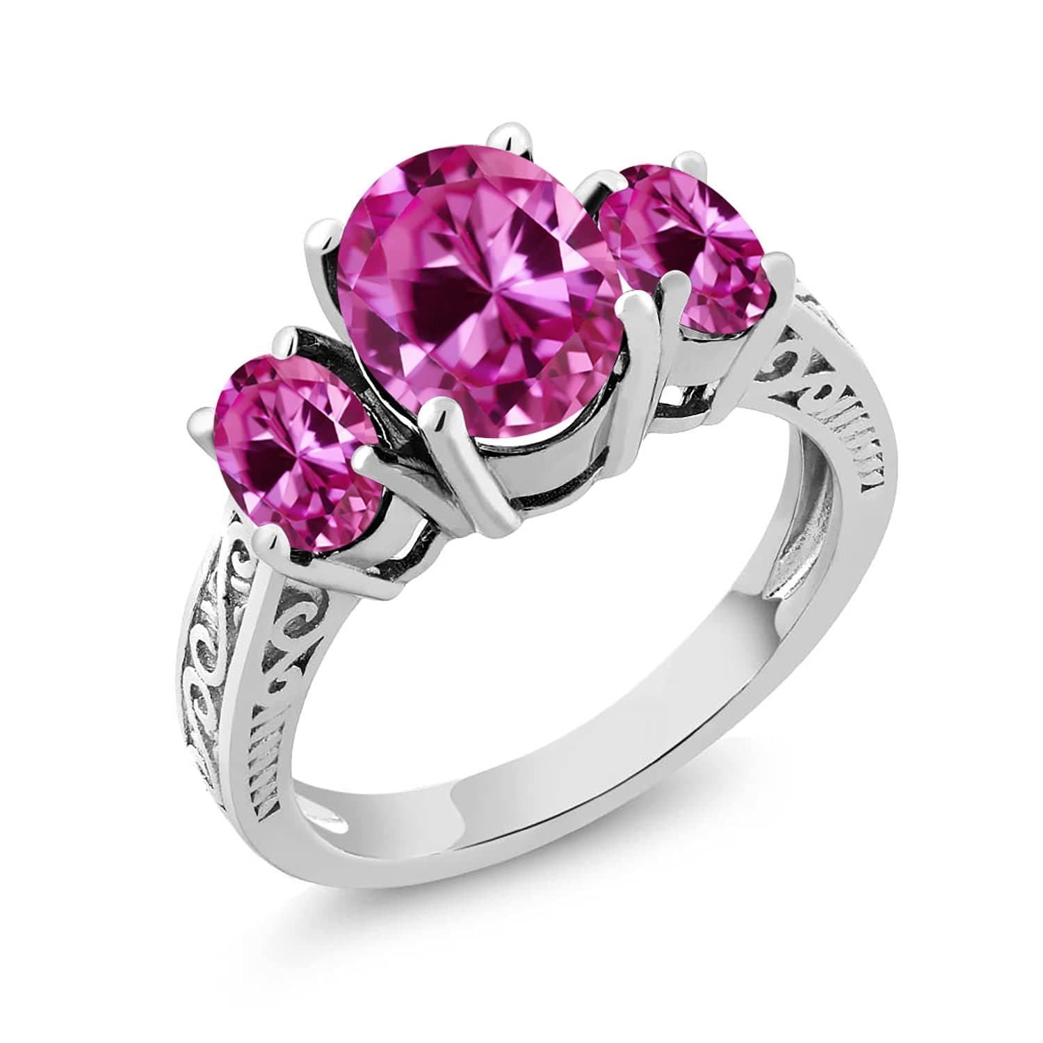 Gem Stone King 925 Sterling Silver Pink VS Created Sapphire 3-Stone Women's Ring 3.60 Ct Oval (Available 5,6,7,8,9)