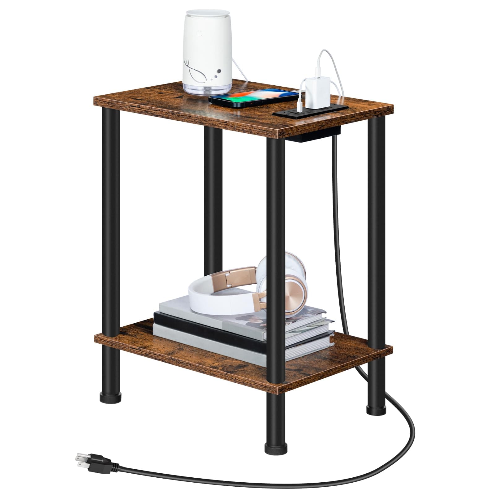 HOOBRO Side/End Table Charging Station with USB Port Outlet Nightstand Double Tier Storage Shelf for Small Spaces Living Room Bedroom Stable Frame Rustic Brown BF09UBZ01