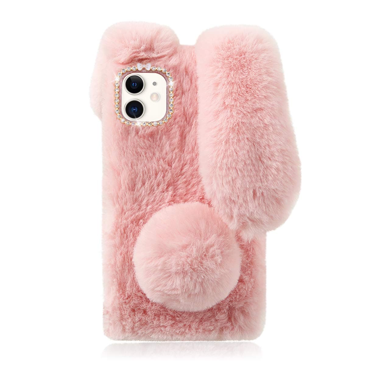 Pink Fluffy Bunny Phone Case for 12 Mini, Plush Cover Furry Fur Animal Rabbit Ear Case Fashion Soft Cozy Girl Cute for 12 Mini 5.4