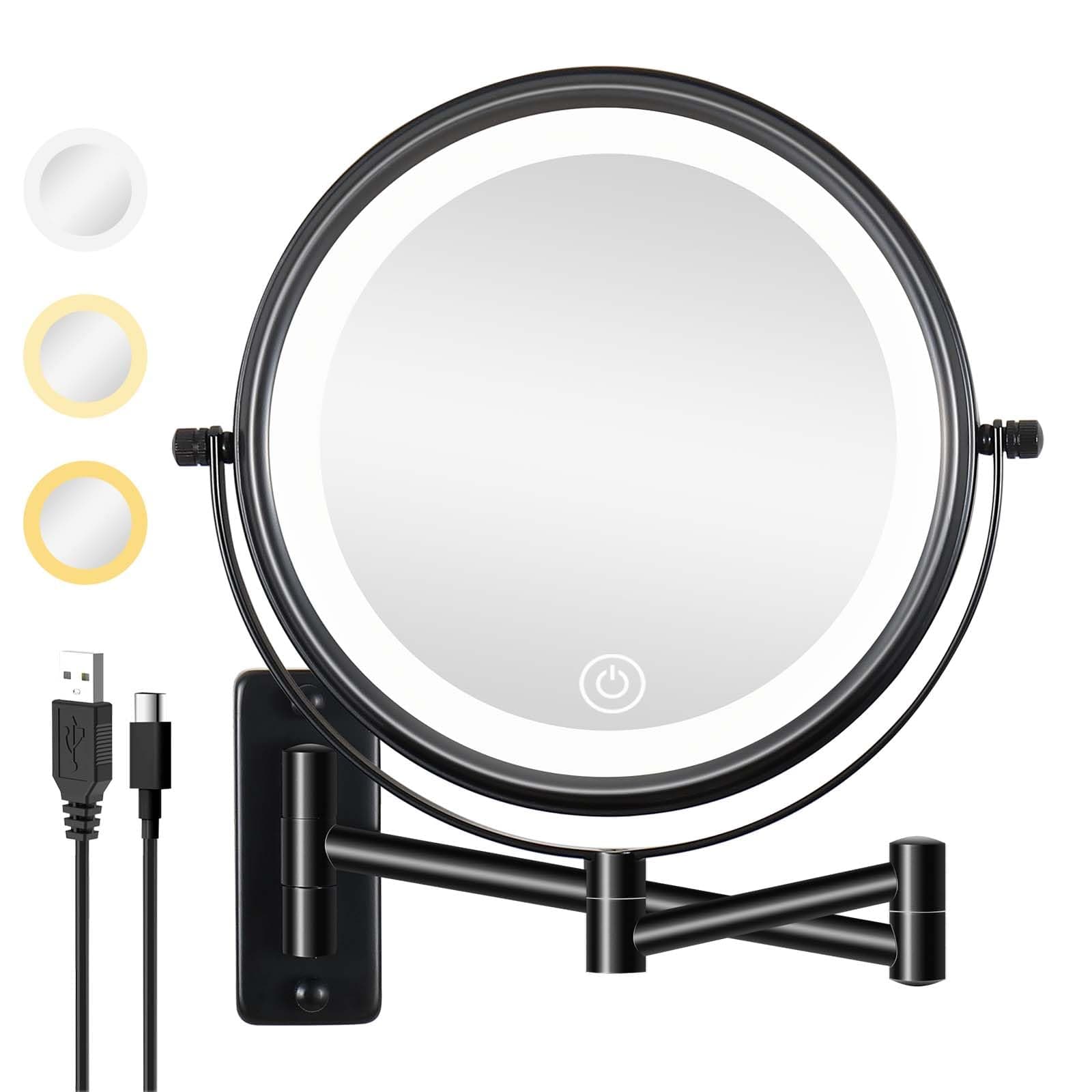 Wall Mounted Lighted Makeup Mirror 10X LED Magnifying Mirror with 3 Color Lights, Double Sided, Touch Screen Dimming, Extension Bathroom Vanity Mirror (Black, 10X)