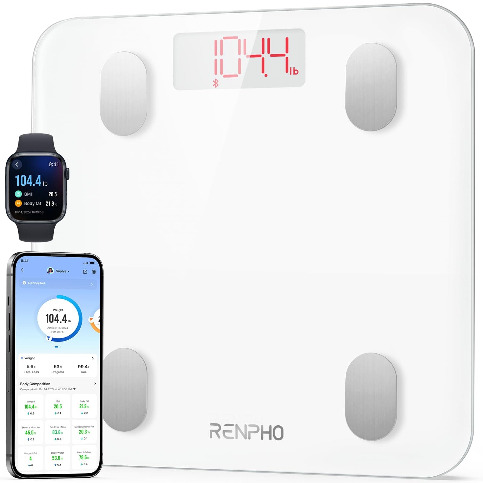 RENPHO Scales for Body Weight, Smart Body Fat Scale Digital Bathroom Weight Bluetooth Scales, 13 Body Composition Analyzer Fitness Track Monitor with Smart App for BMI, BMR, Muscle Mass, White, Elis 1
