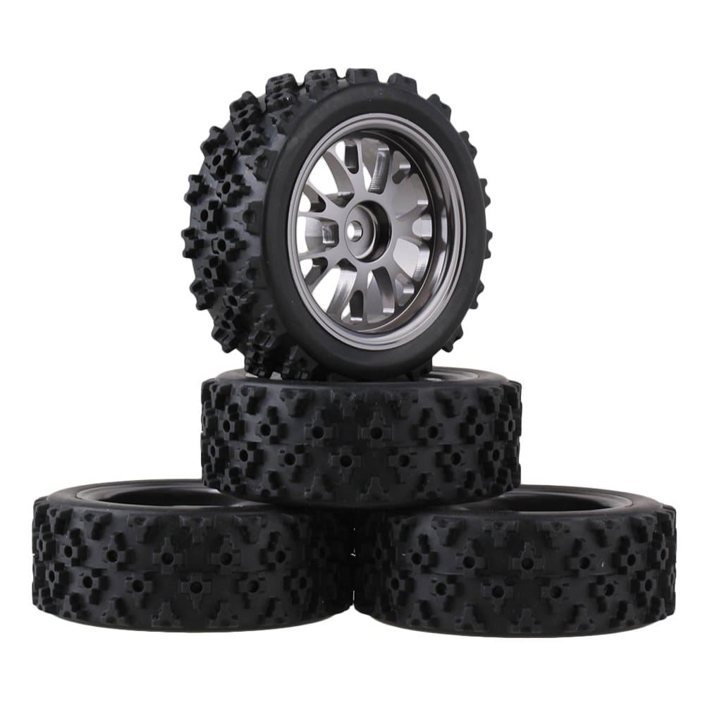 Mxfans Black Flower Pattern Aluminum Alloy Y-Shaped Wheel Titanium Color + Rally tire Skin 65MM Suitable for RC 1:10 Road Racing 4-Piece Set
