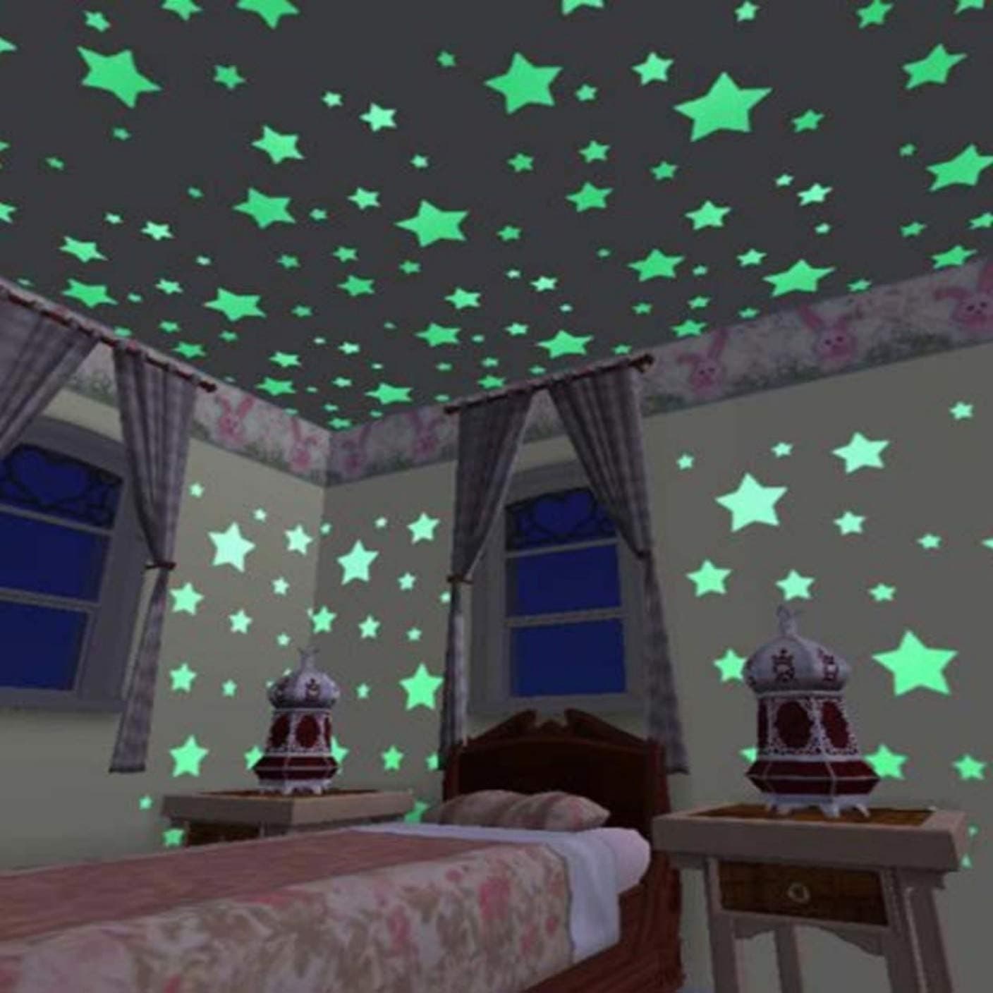 Ampire Wall Stickers 3D Stars Night Glow in The Dark Radium Illuminating Green Ceiling Home Decoration (WTSR337) (2 cm x 1 cm x 2 cm)