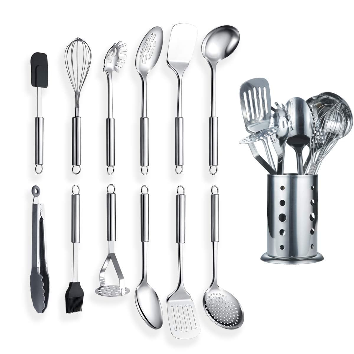 Berglander Stainless Steel Kitchen Utensil 12 Piece with 1 Stand, Cooking Spoon, Kitchen Tools Cooking Utensil with Holder. (13 Pieces)