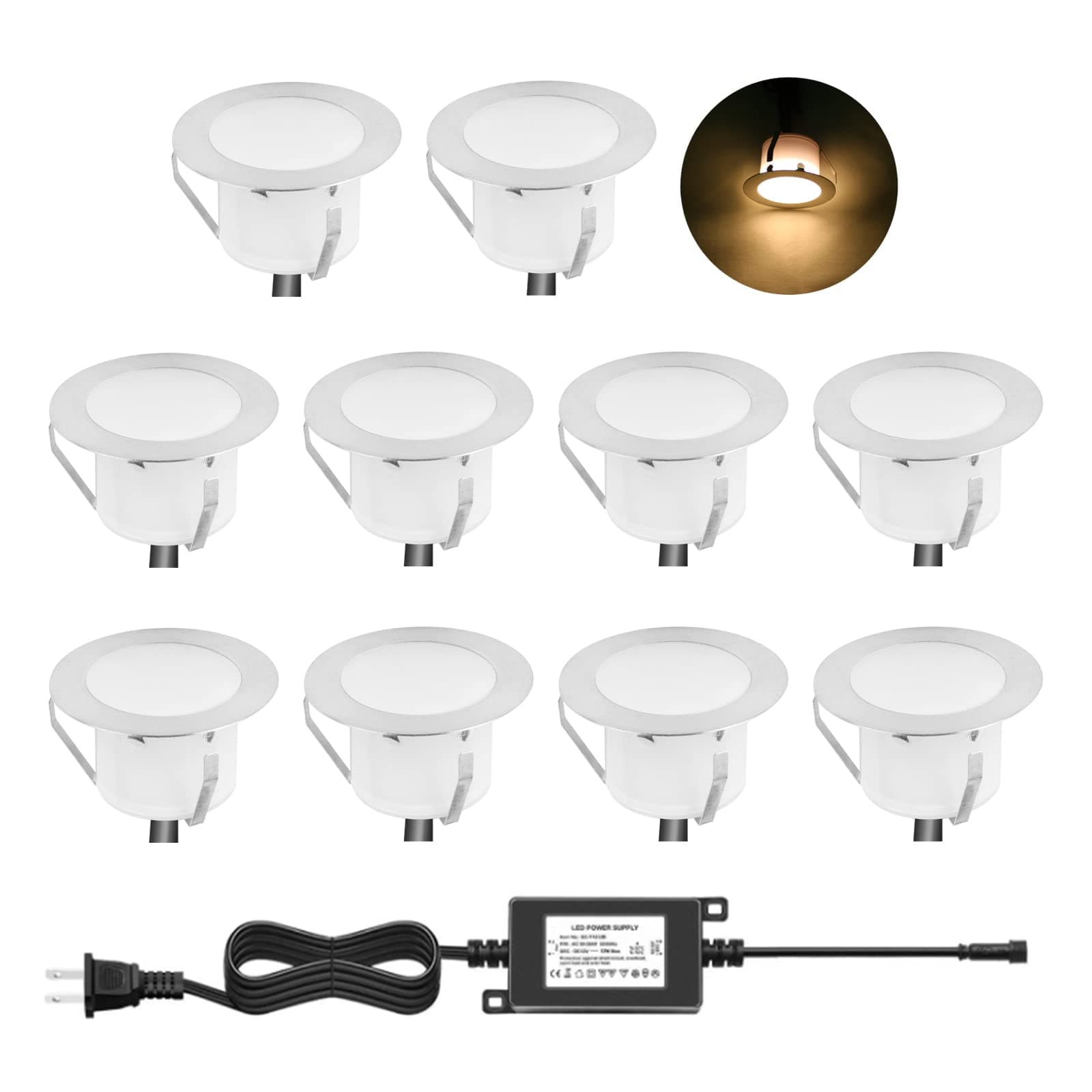 LED Outdoor Deck Lights Kits, Φ1.77in Warm White 10 Pack Silver, Low Voltage 12V DC IP67 Waterproof, Electric Wired Recessed Exterior Stair Step Riser Landscape Lighting for Outside Floor Yard