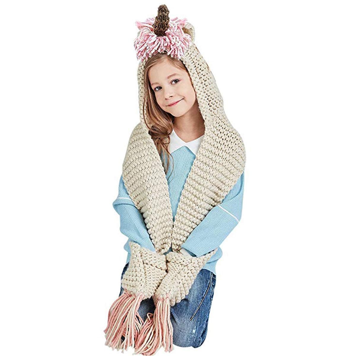Girls Unicorn Hat with Scarf, Girls Hat Knitted Cartoon Unicorn Hooded Scarf Winter Hat Scarf Pocket Hooded Knitting Beanies Party Cosplay Gifts for Children Girls (6-16 Years)