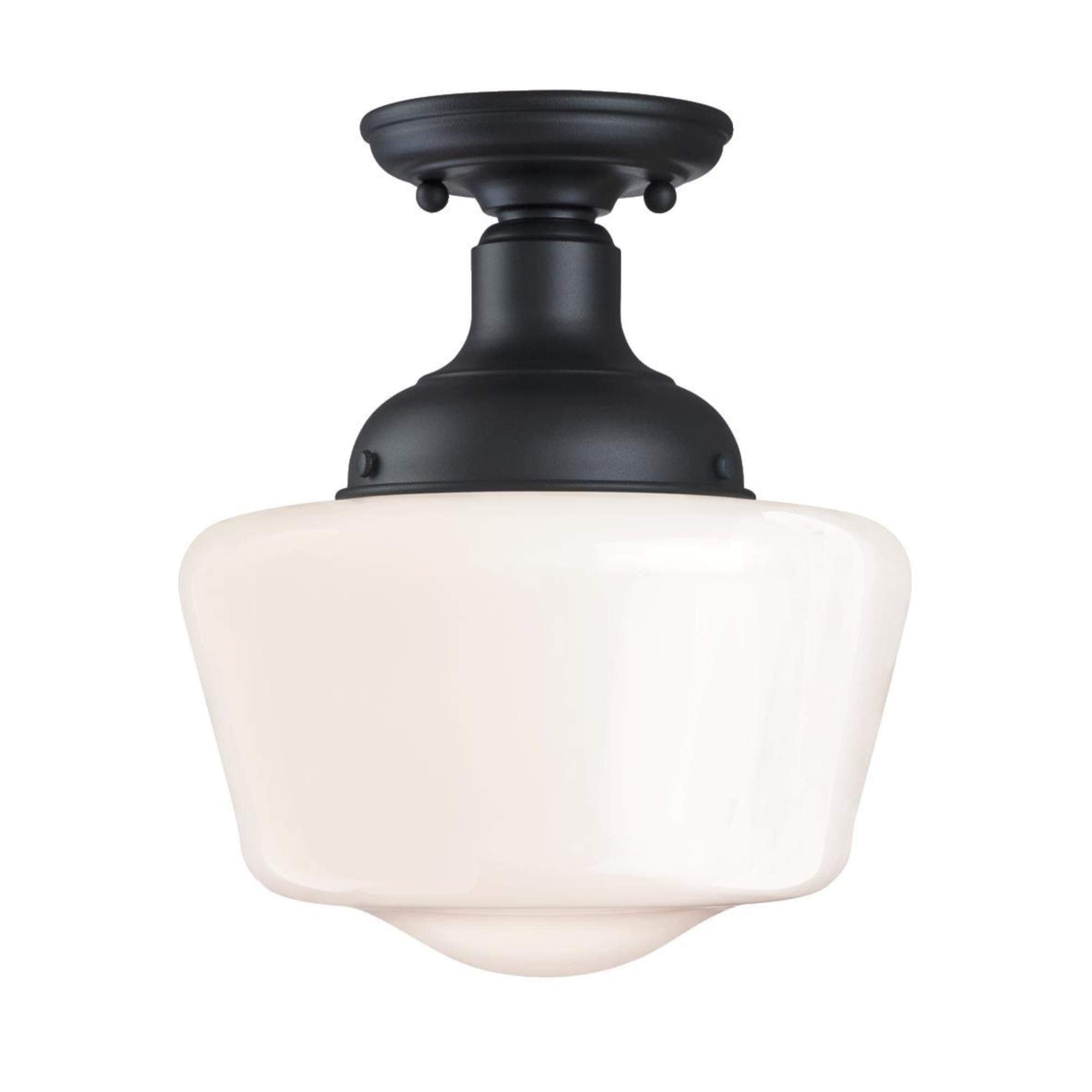 Westinghouse 6578300 Scholar 9 inch Vintage One-Light Semi-Flush Mount Outdoor Ceiling Light Fixture Textured Black Finish, White Opal Glass