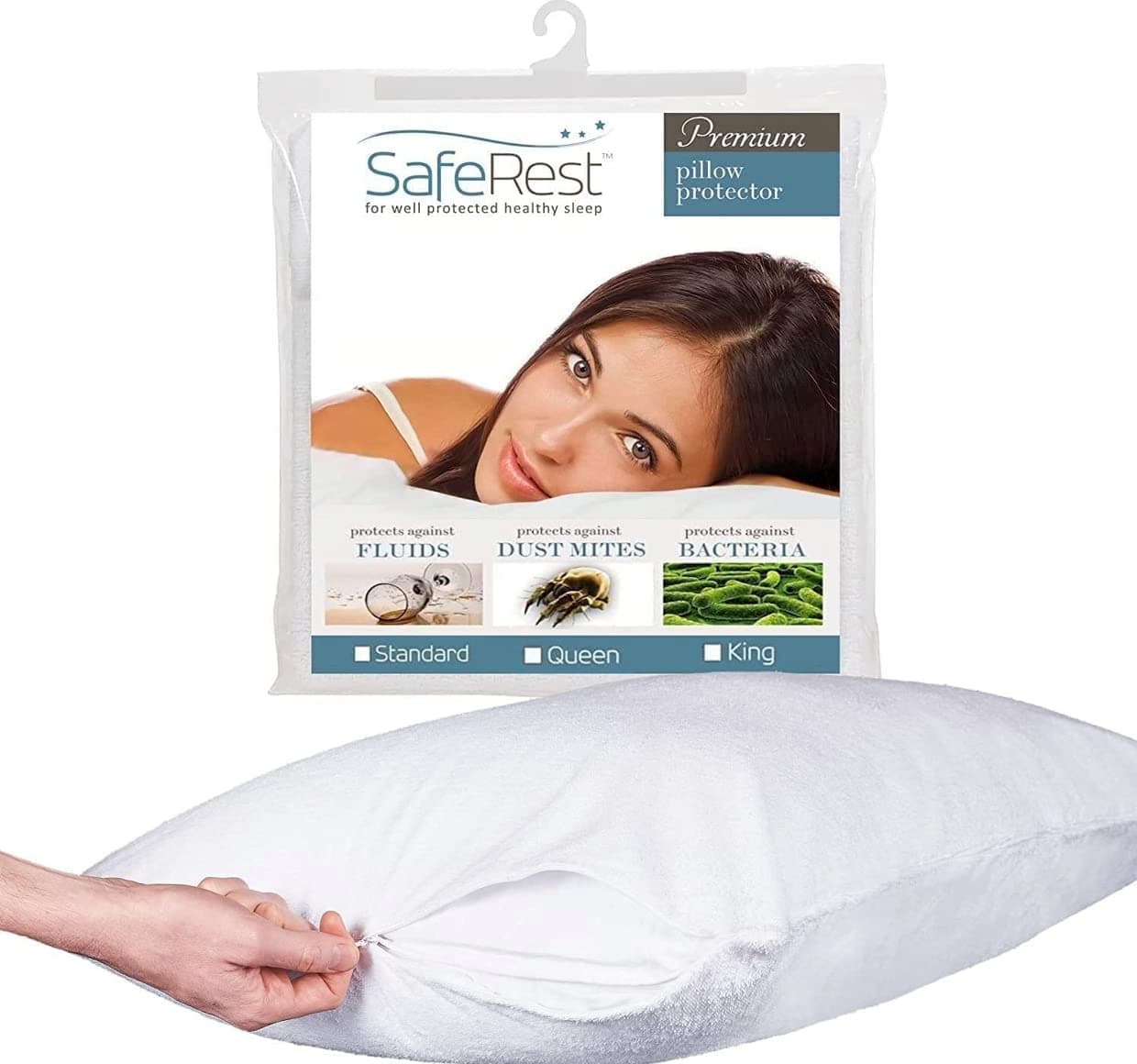 SafeRest Pillow Protector - Pack of 1 - Queen Size Waterproof Pillow Cover - Zippered Pillow Encasement for College Dorm Room, New Home - Cotton Terry, Waterproof, Breathable