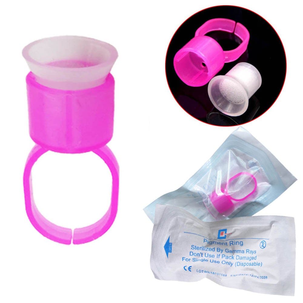 50pcs Pink Microblading Pigment Rings With Sponge Ink Cups Caps Permanent Makeup Tattoo Eyelash Extensions Medium Holder