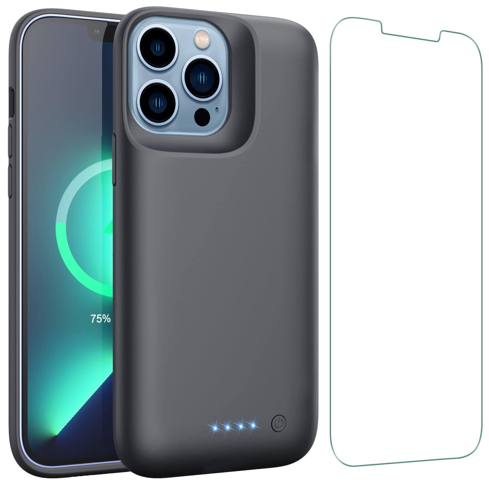 HHETP iPhone 13 Pro Max Battery Case - 8600mAh Portable Charging Cover, Protective Bumper with Tempered-Glass Screen Protector, Black