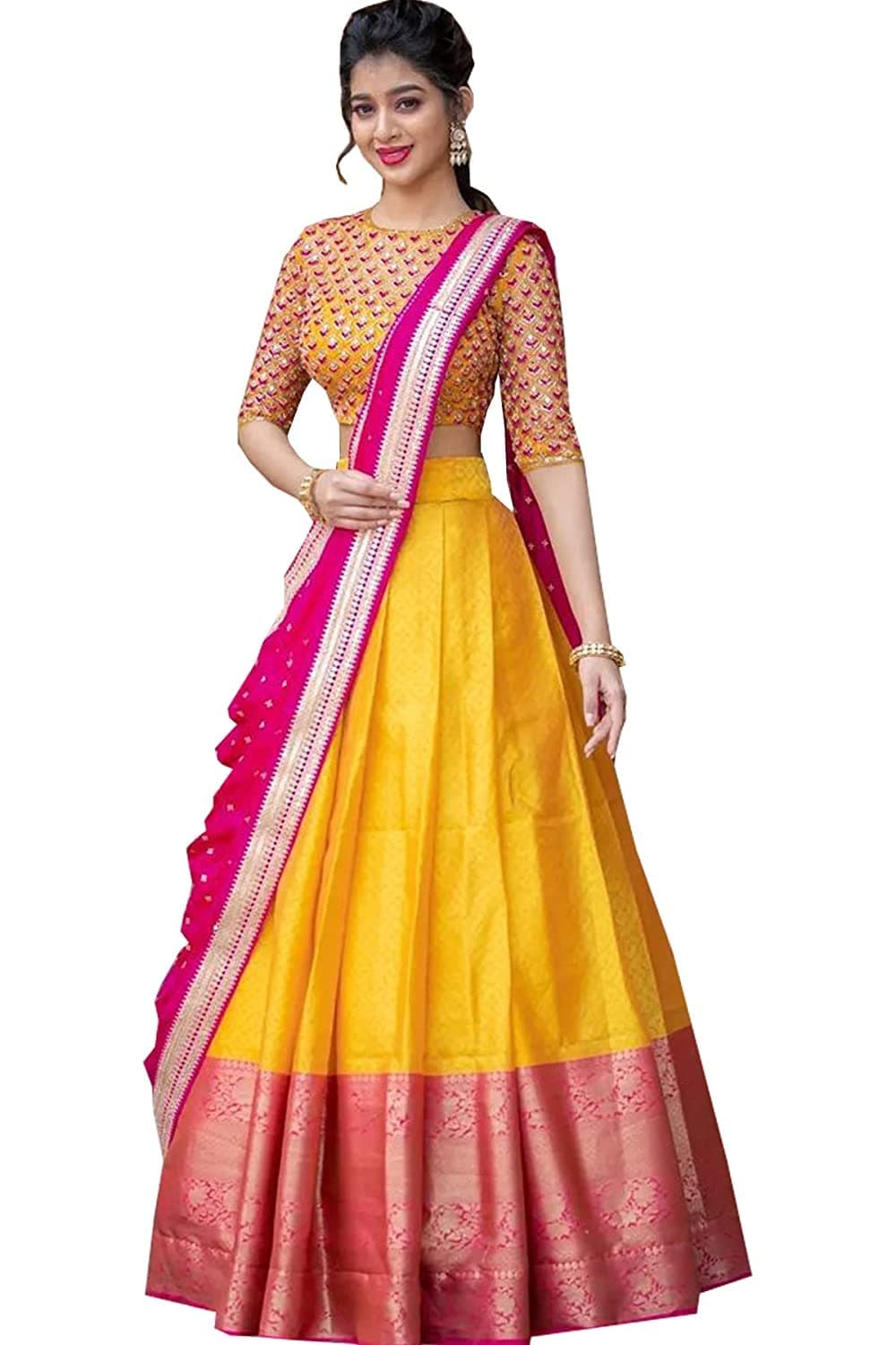 WILLFE Women's Kanjivaram Silk Traditional Lehenga Choli, Unstitched Lehenga Choli, Half Saree (Yellow Pink)
