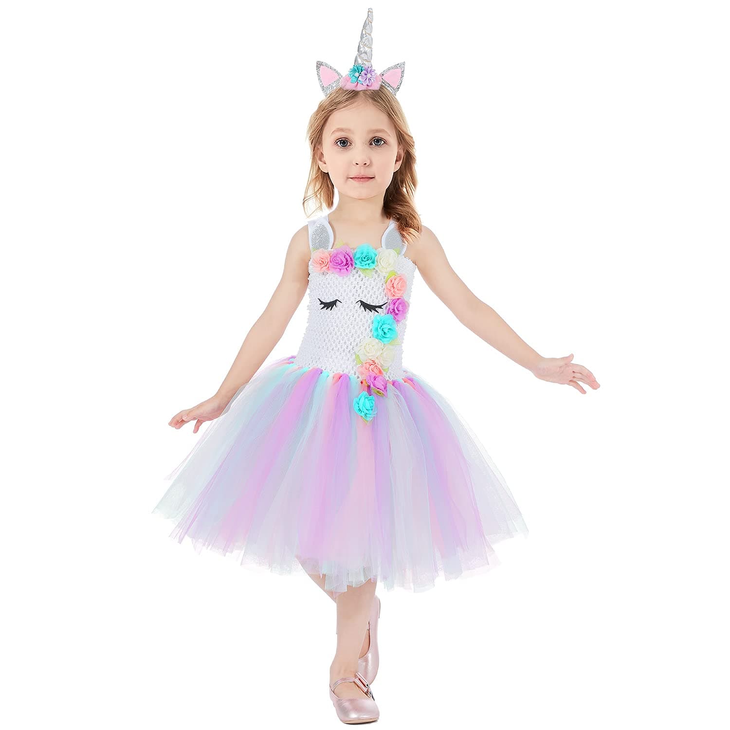 Wizland Unicorn Dress Unicorn Tutu Costumes Girls Handmade Pageant Princess Party Dress with Headband for Kids 8-9 Years