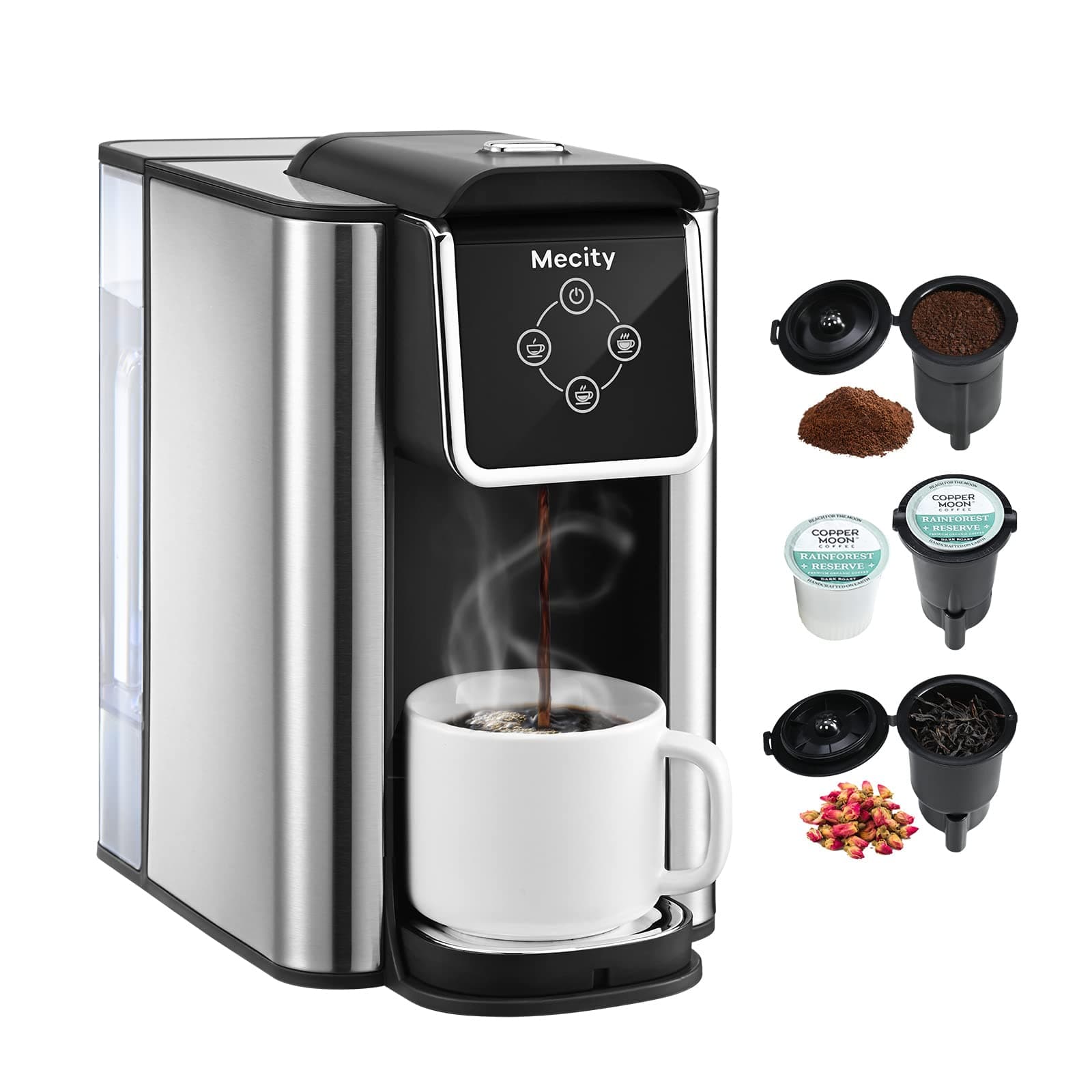 MecityCoffee Maker 3-in-1 Single Serve Machine, Compatible with K-Cup Capsules, Instant Coffee Pot, Tea Maker, 6/8/10 Oz Cup, Removable 50 Oz Water Reservoir, 120V 1150W