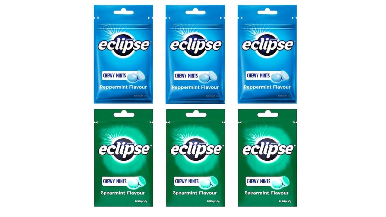 Assorted Cooling Eclipse Chewy Mints total of 6 Pack - Spearmint & Peppermint Refreshing Powerful Fresh Breath Candy 1.6 Oz each (3 Peppermint & 3 Spearmint, Pack of 6)