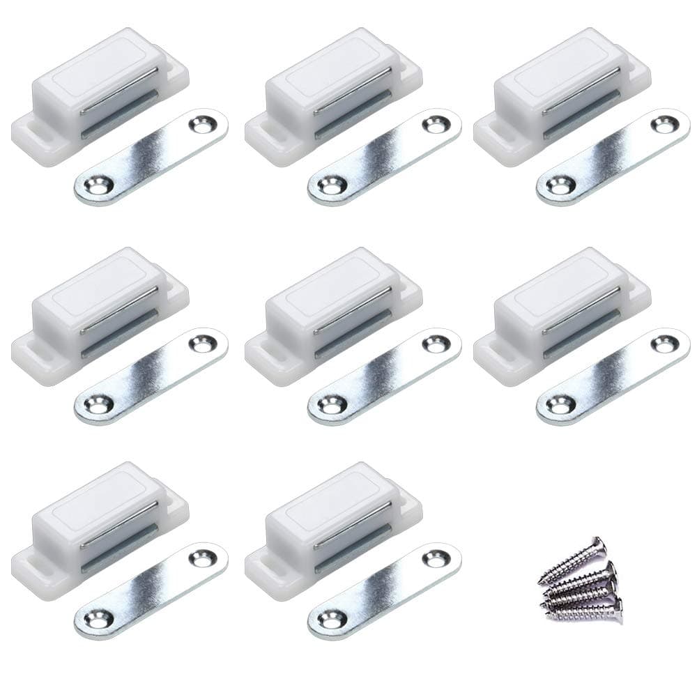 Cabinet Magnet Latch 8 Pack - Best for Closure of A Drawer, Shutter, Cupboard and Kitchen Cabinet - Easy Install - Hardware Screws Included - White - Keep Your Doors Shut with Our Magnetic Catches