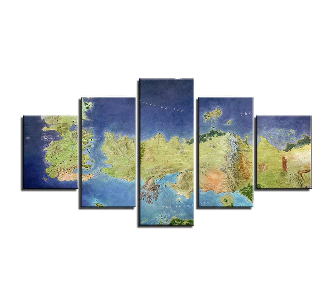 john psarris Dionysios Print Framed Canvas Game of Thrones Map All The Kingdoms 5 Pieces Wall Art Decor Ready to Hang on The Wall with Frame - Size 1
