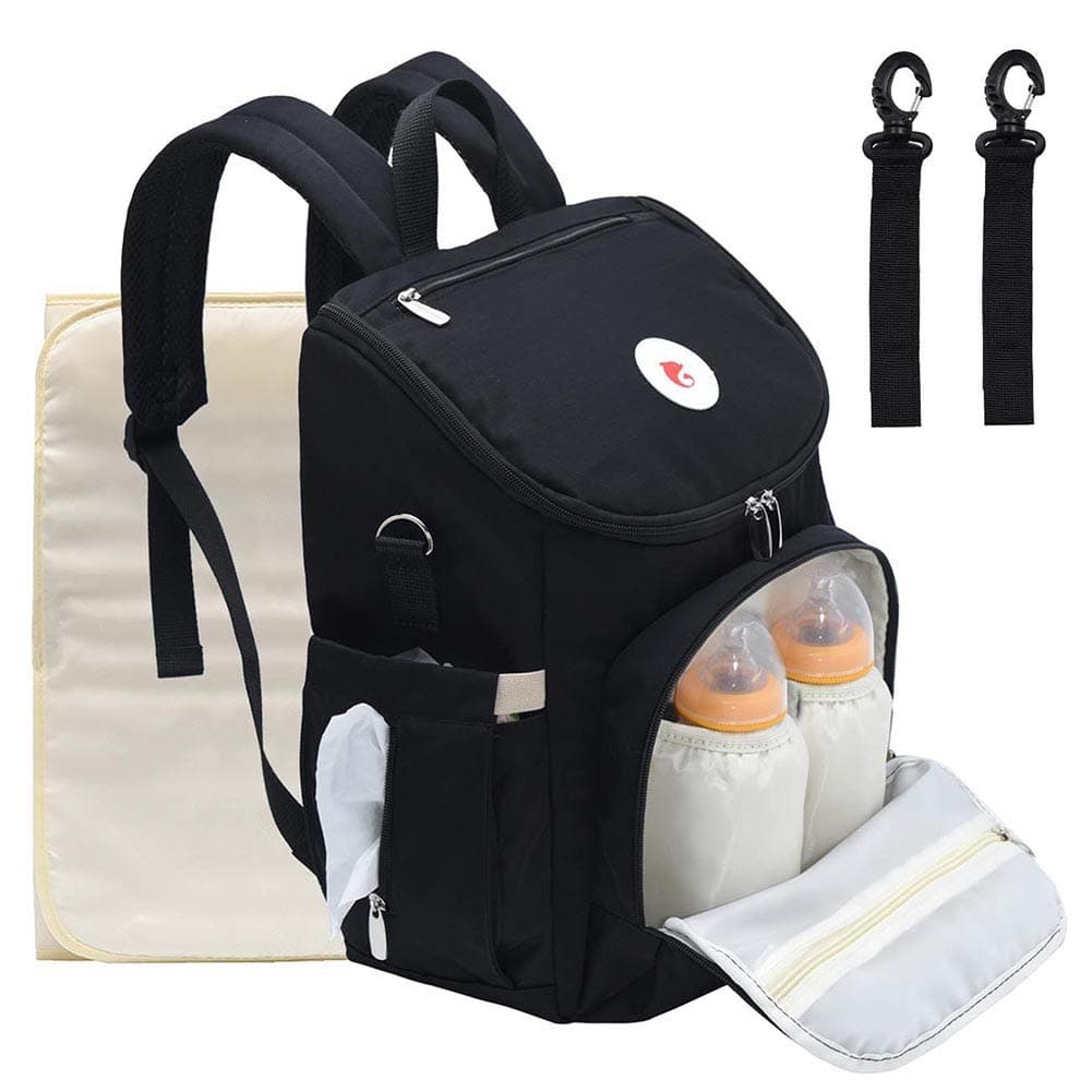 iDxiar Baby Change Rucksack, Backpack Changing Bag, Wide-Easy-Open, Water-repellent Nappy Bag with 1 Waterproof Change Mat and Pram Clips (Black)