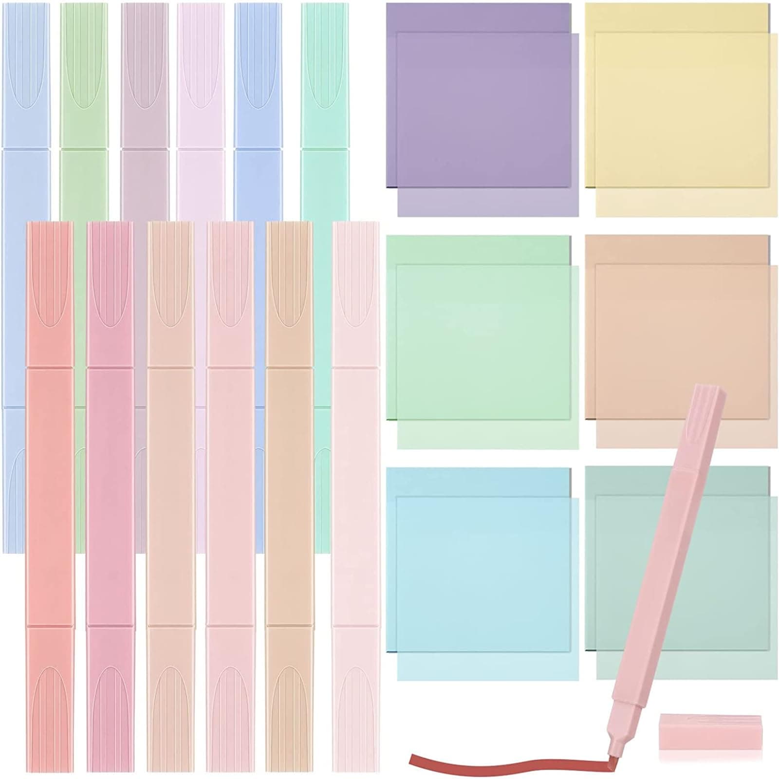FCfit Transparent Sticky Notes with Aesthetic Pens Set, 12pcs Aesthetic Highlighters 300 Sheets Clear Sticky Tabs Waterproof Color Sticky Tabs Transparent Sticky Notes for Office School Home