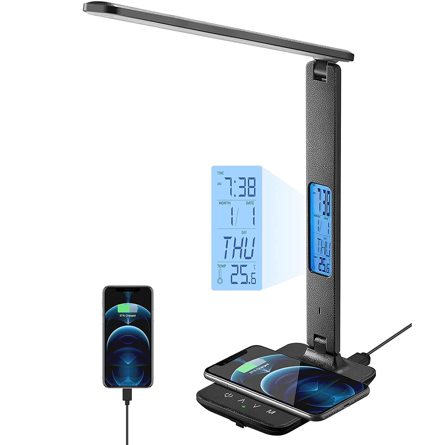 Gluckluz Desk Lamp LED Table Light Foldable Touch Control Reading Lamp with Wireless USB Charging Port 3 Lighting Modes 5 Brightness Levels Built-in Clock Calendar Thermometer for Study Office (Black)