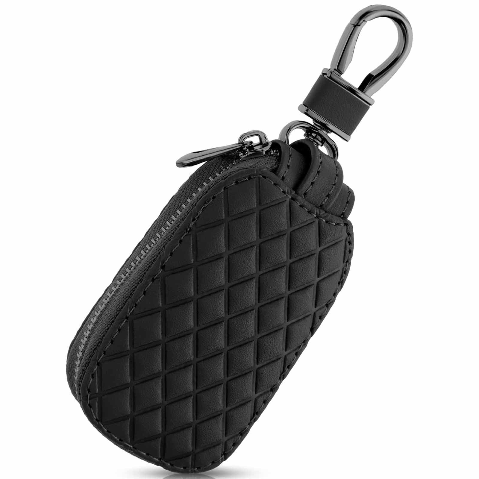 Genuine Leather Car Key Case, Universal Auto Key Fob Cover, Anti Scratch, Waterproof, Zipper Bag with Keychain & Carabiner, Unisex-Adults, Dark Black