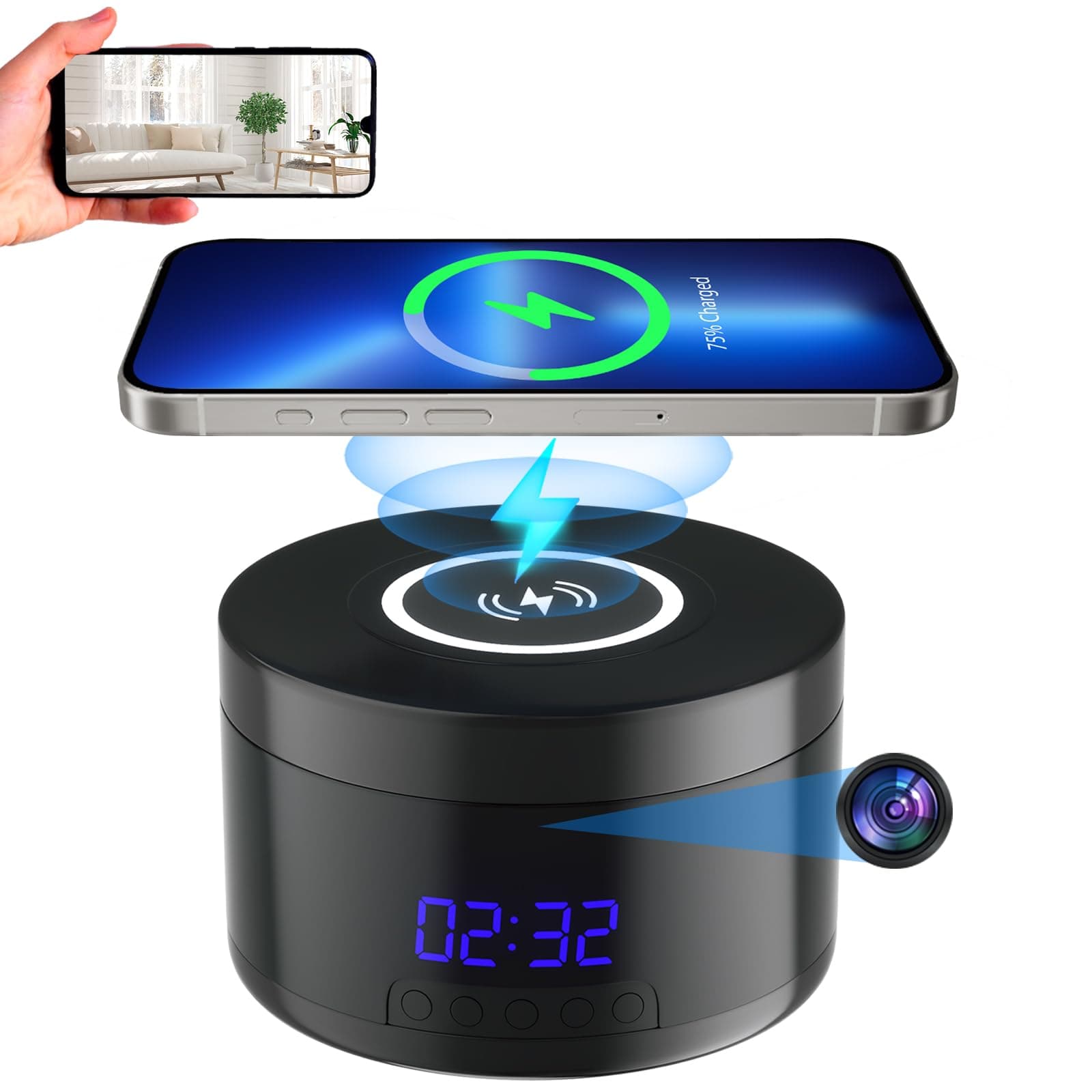 WiFi Hidden Video Cameras Wireless Charger, Mini Nanny Camera with Real Time Video Record, HD 1080P Security Video Camera Clock, 15w Wireless Phone Charger, Motion Detection Alarm