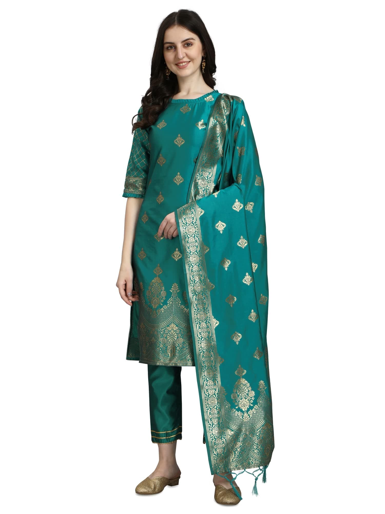 VredeVogel Women's Cotton Silk Jacquard Kurta Pant with Banarasi Silk Dupatta