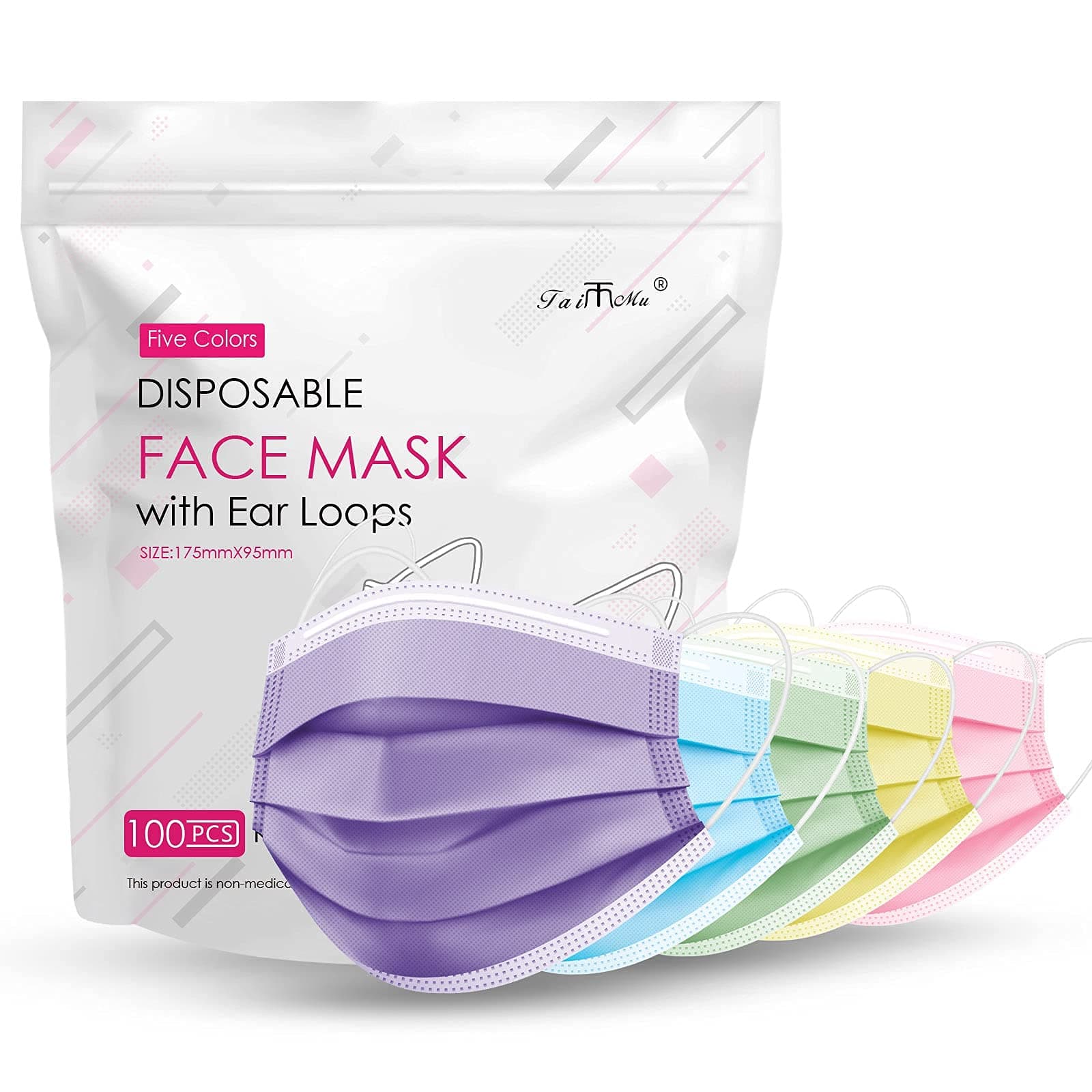 Taimu TM100Pcs Disposable Face Mask Breathable Colorful Face Masks Ear loops 3 Ply Safety Mask for Men Women