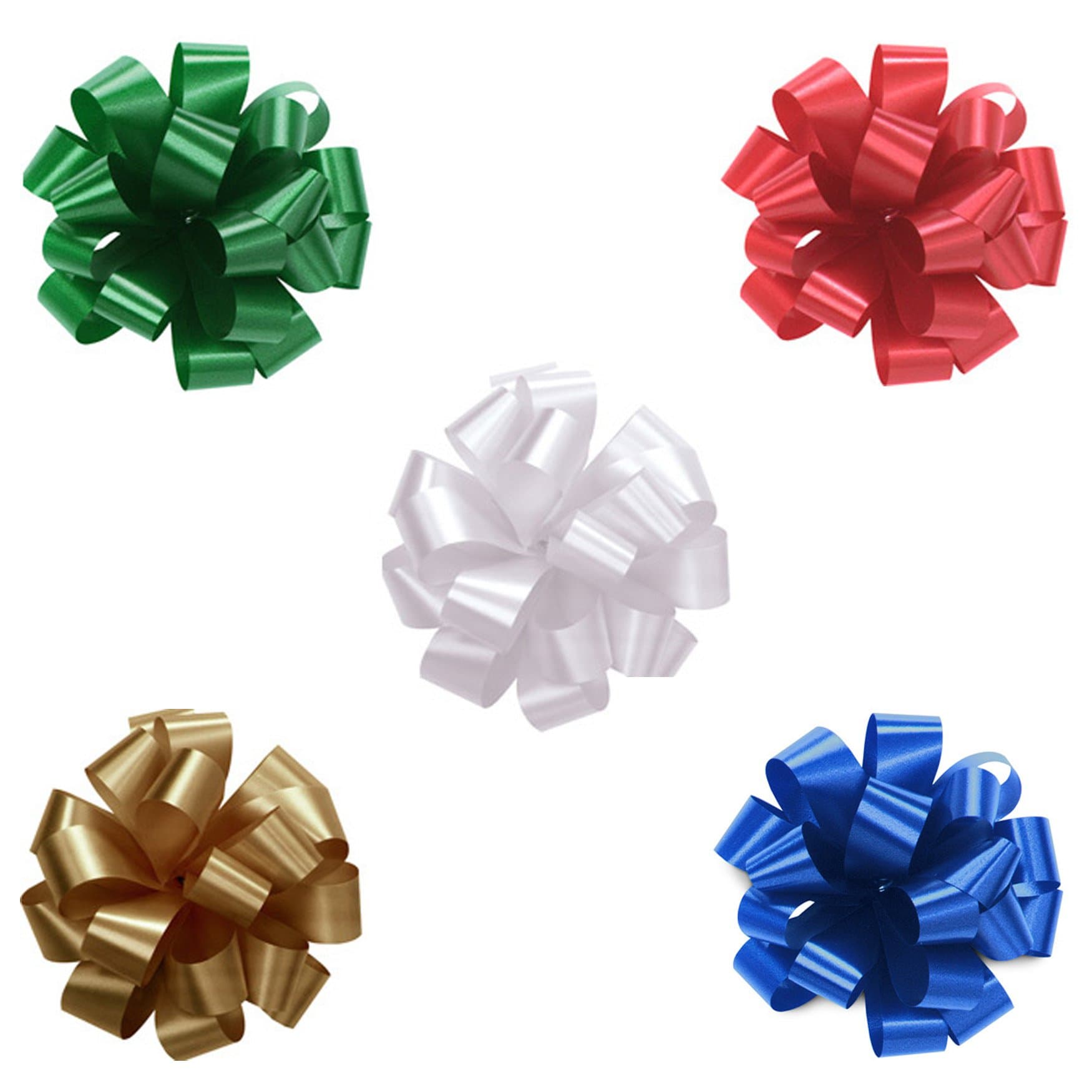 Set of 5 Large 8" Diameter Satin Pull Bows with STRINGS/STREAMERS, Colors: White, Red, Green, Gold, and Royal Blue for Gifts, Packages, Boxes, Birthdays, Anniversaries, Parties and Holidays Such as Christmas Wrapping