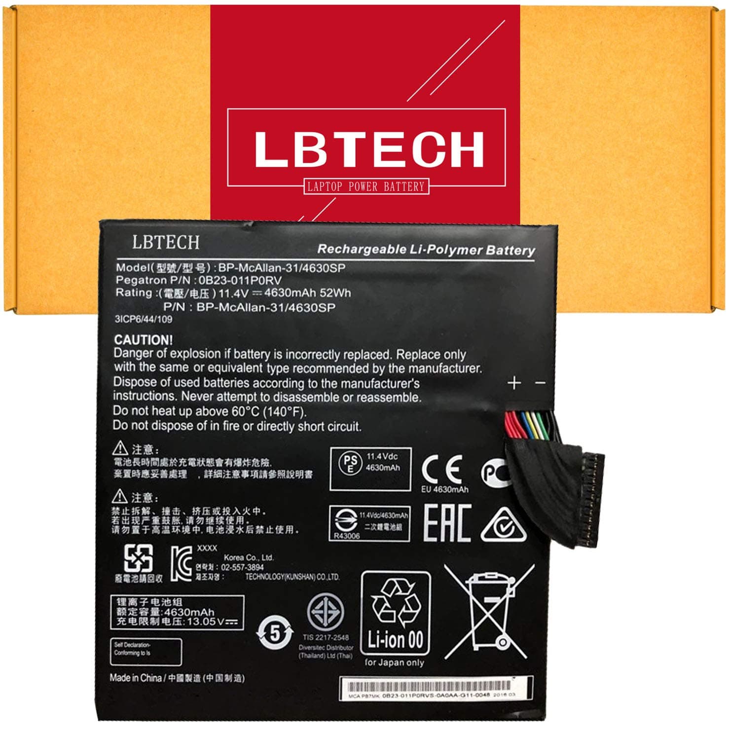 LBTECH BP-McAllan-31 BP-MCALLAN-31/4630SP 4630mAh 52Wh Battery Replacement for Acer Wacom mobilestudio pro 13 DTH-W1320H 0B23-011F0RV 0B23-011P0RV 3ICP6/44/109