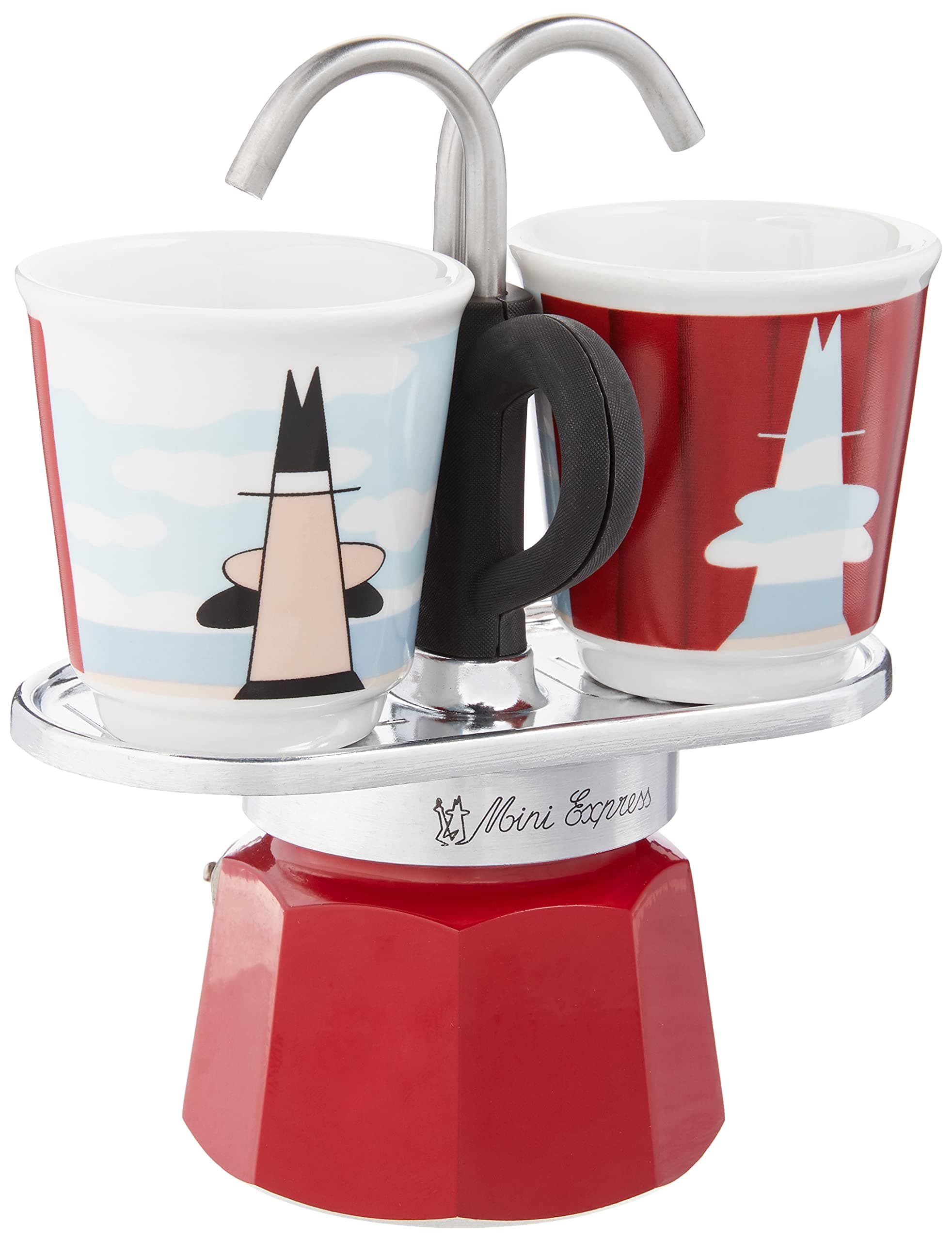 Mini Express Magritte: Moka Set includes Coffee Maker 2-Cup (2.8 Oz) + 2 shot glasses, Red, Aluminium