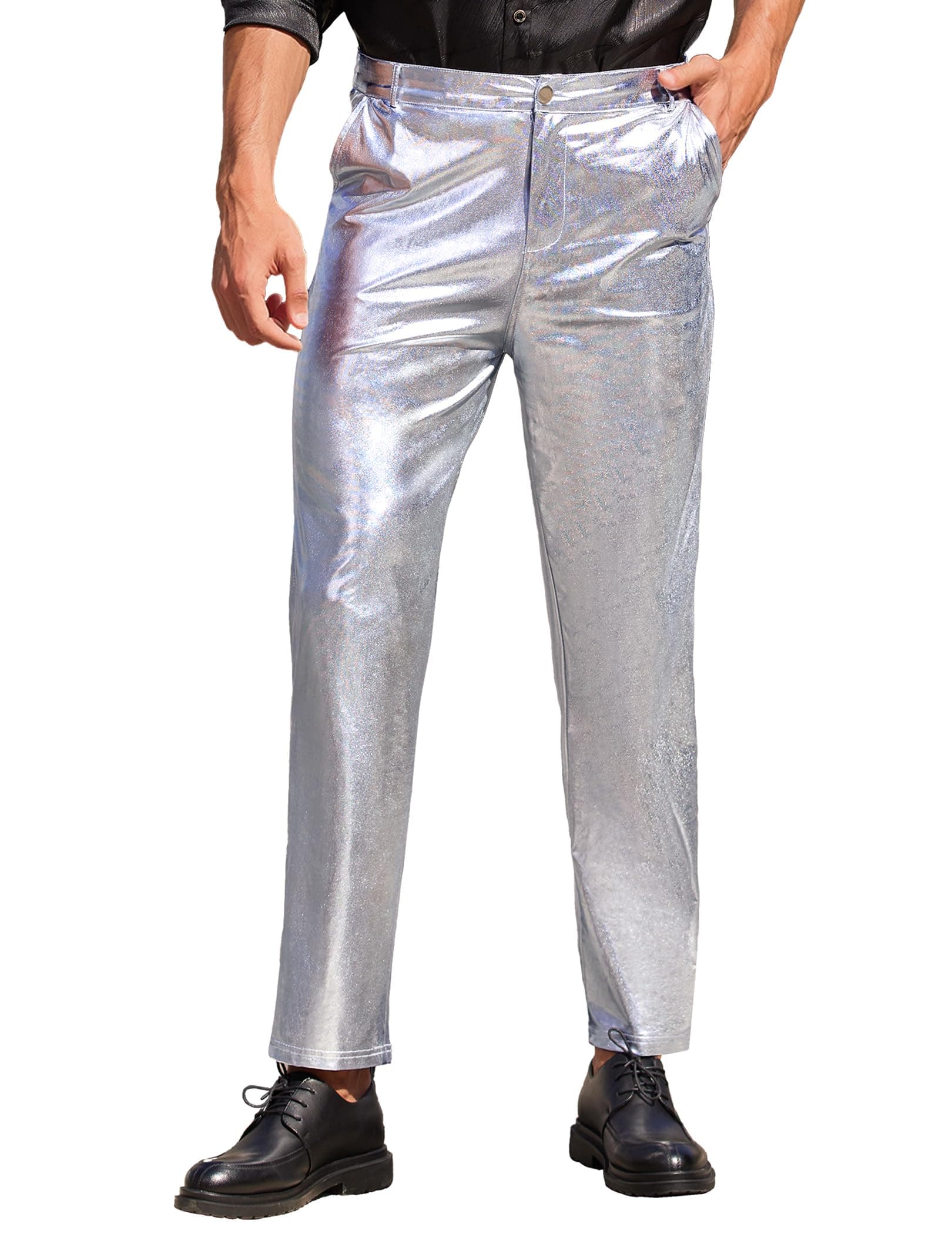 Men's Metallic Shiny Pants Night Club Pants 70s 80s 90s Disco Pant Party Dance Straight Leg Trousers