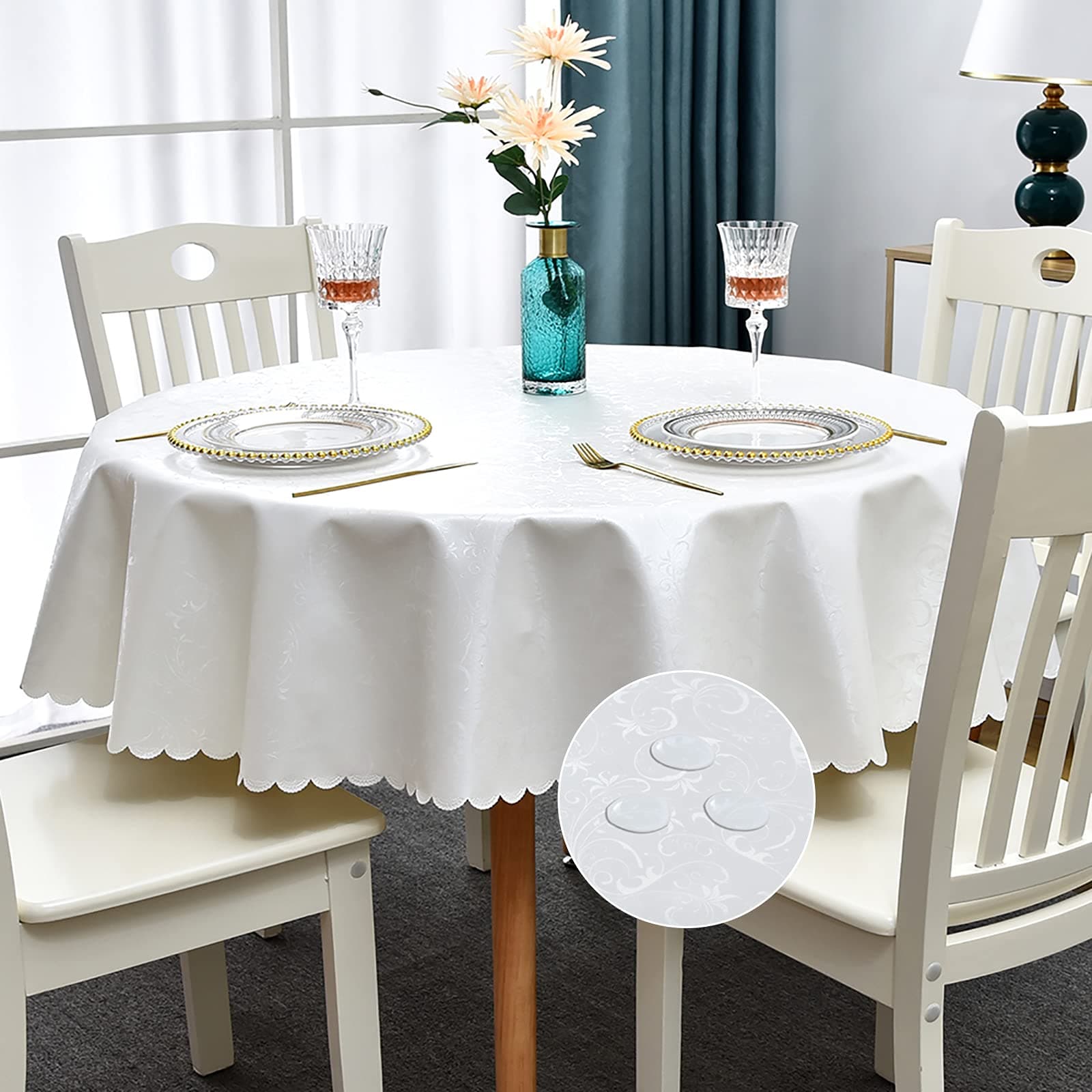 Romanstile Vinyl Round Tablecloth, 100% Waterproof Outdoor Heavy Duty Table Cloth with Flannel Backing, Wipeable Plastic PU Table Cover for Spring, Easter, Party (Flower Ivory White, 60" Round)