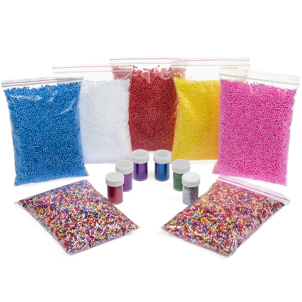 Foam Beads for Slime with Glitter - 7 Bags of Beads and 6 Colors of Glitter