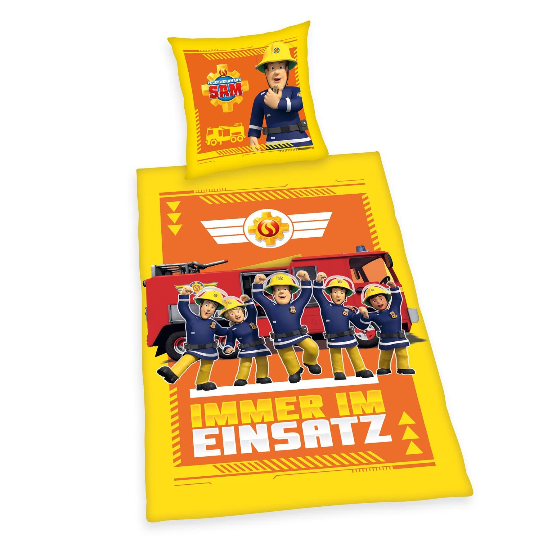 HerdingBedding set Fireman Sam Glow in the dark, Reversible pattern that glows in the dark, Pillowcase 80 x 80 cm, Duvet cover 135 x 200 cm, With smooth zipper, Cotton