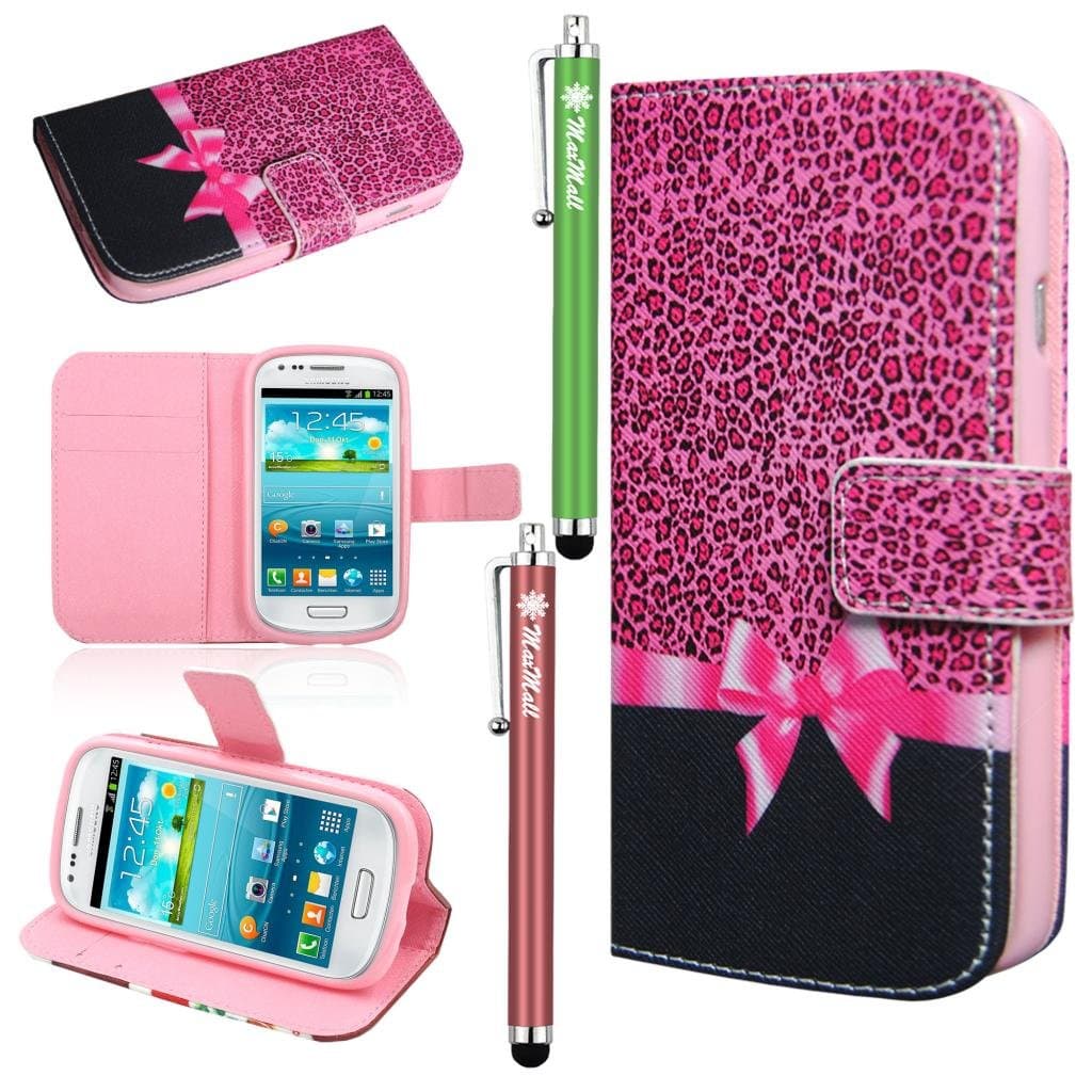 MaxMall Cute Small Leopard grain Bow PU Leather Stand Card Wallet Case Cover for Samsung Galaxy SIII MINI I8190