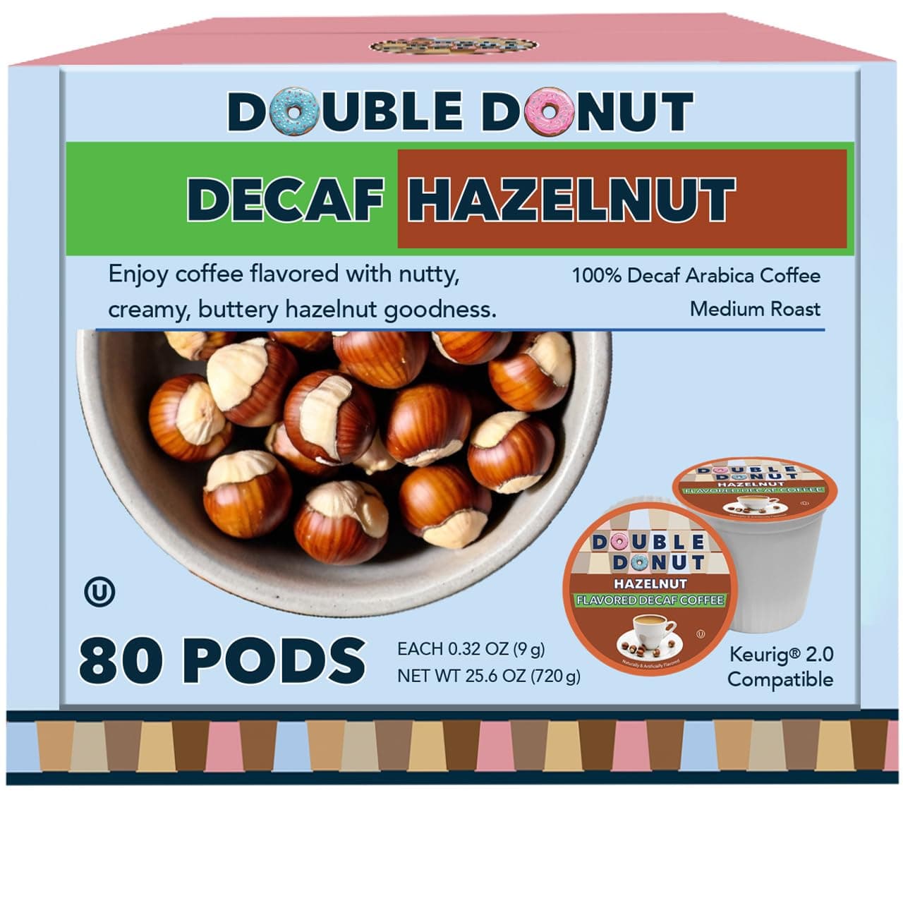 Double Donut Coffee Flavored Decaf Coffee, Decaf Hazelnut Coffee, Decaf Coffee Pods for Keurig K Cups Machines, Medium Roast, 80 Count (Pack of 1)
