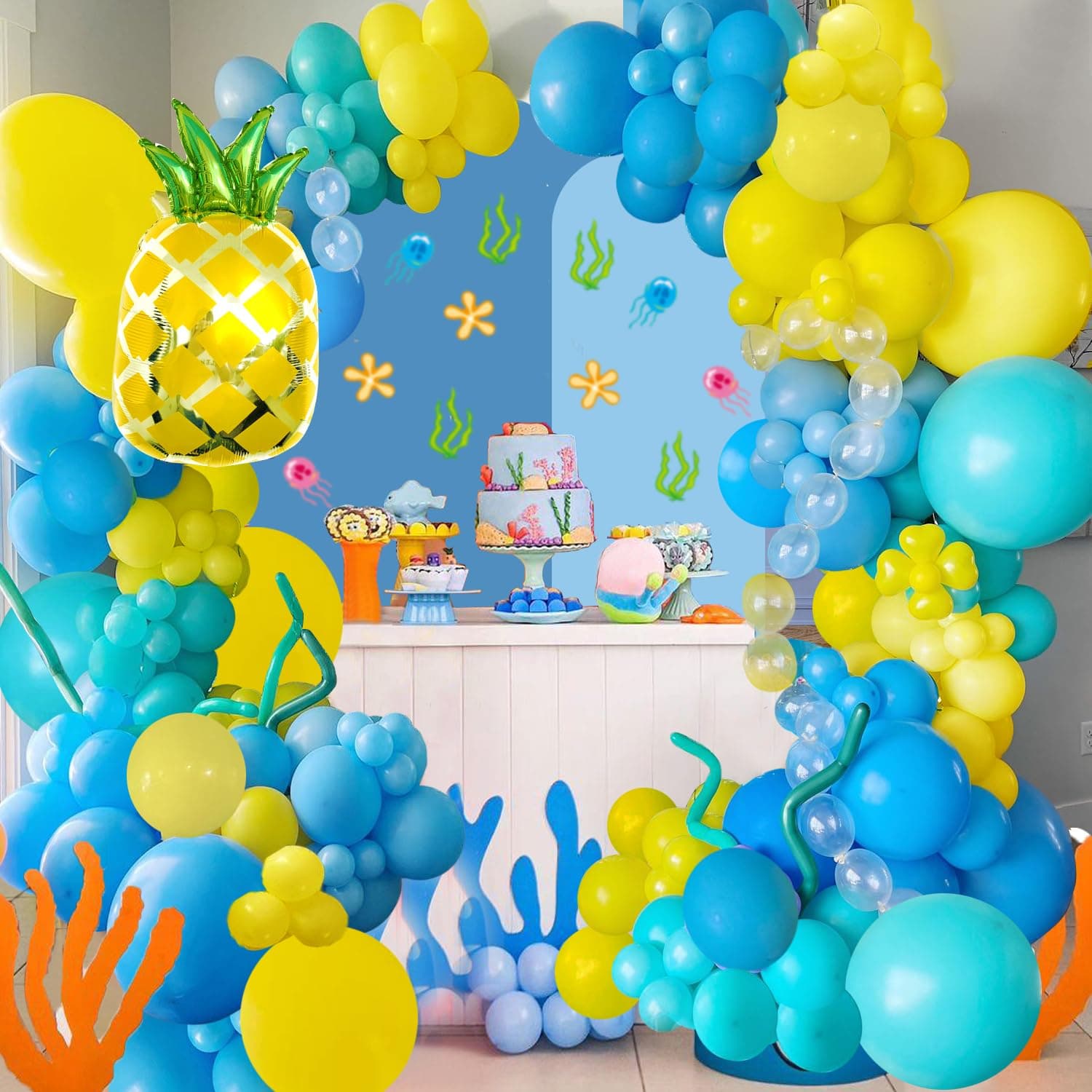 ANYMONYPF 144pcs Cartoon Sponge Balloons Party Decorations,Sponge Theme Balloon Garland Arch Kit, Yellow Blue Clear Balloon Arch For Cartoon Sponge Birthday Baby Shower Party Supplies